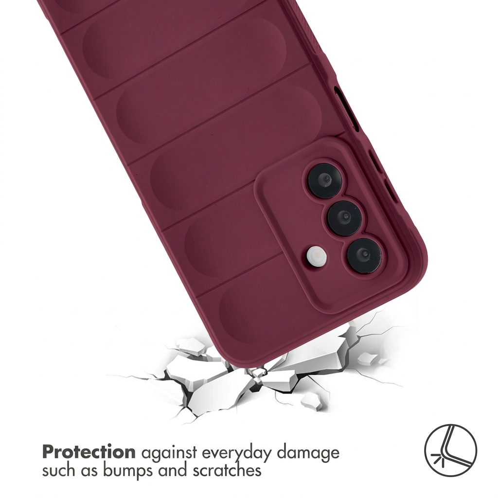 Funda protectora roja para smartphone sobre suelo agrietado con icono de protección y texto.