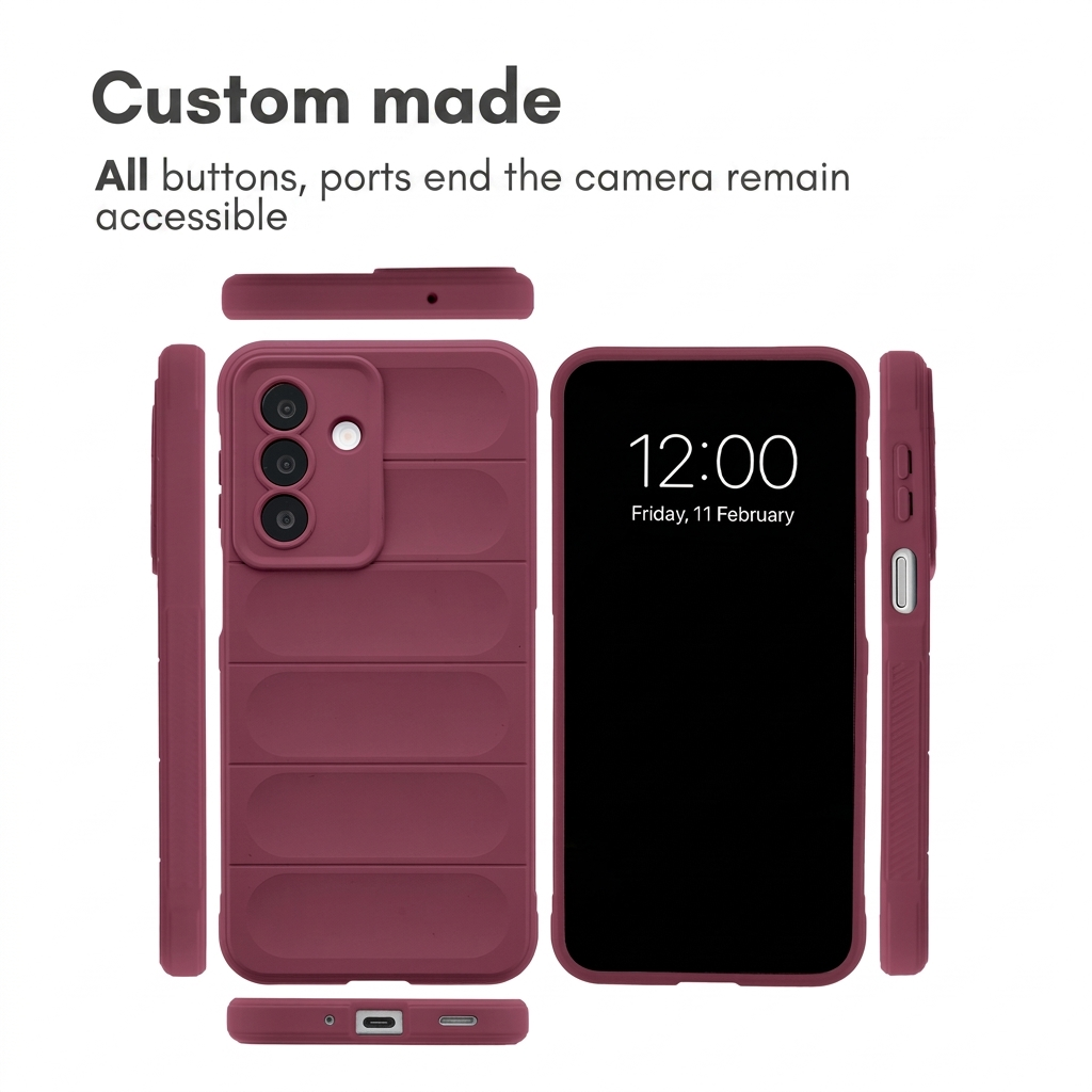 Fundá de celular bordo mostrada desde varios ángulos, destacando el acceso a todos los botones y puertos.
