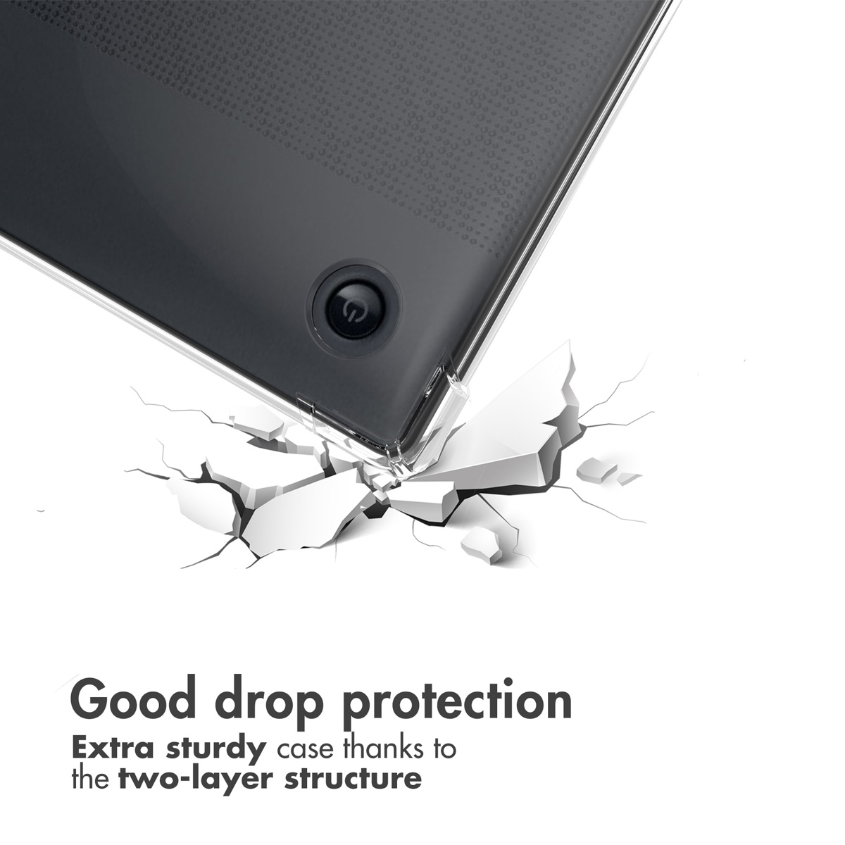 Un coin de coque de téléphone heurte une surface blanche fissurée, avec du texte de protection.