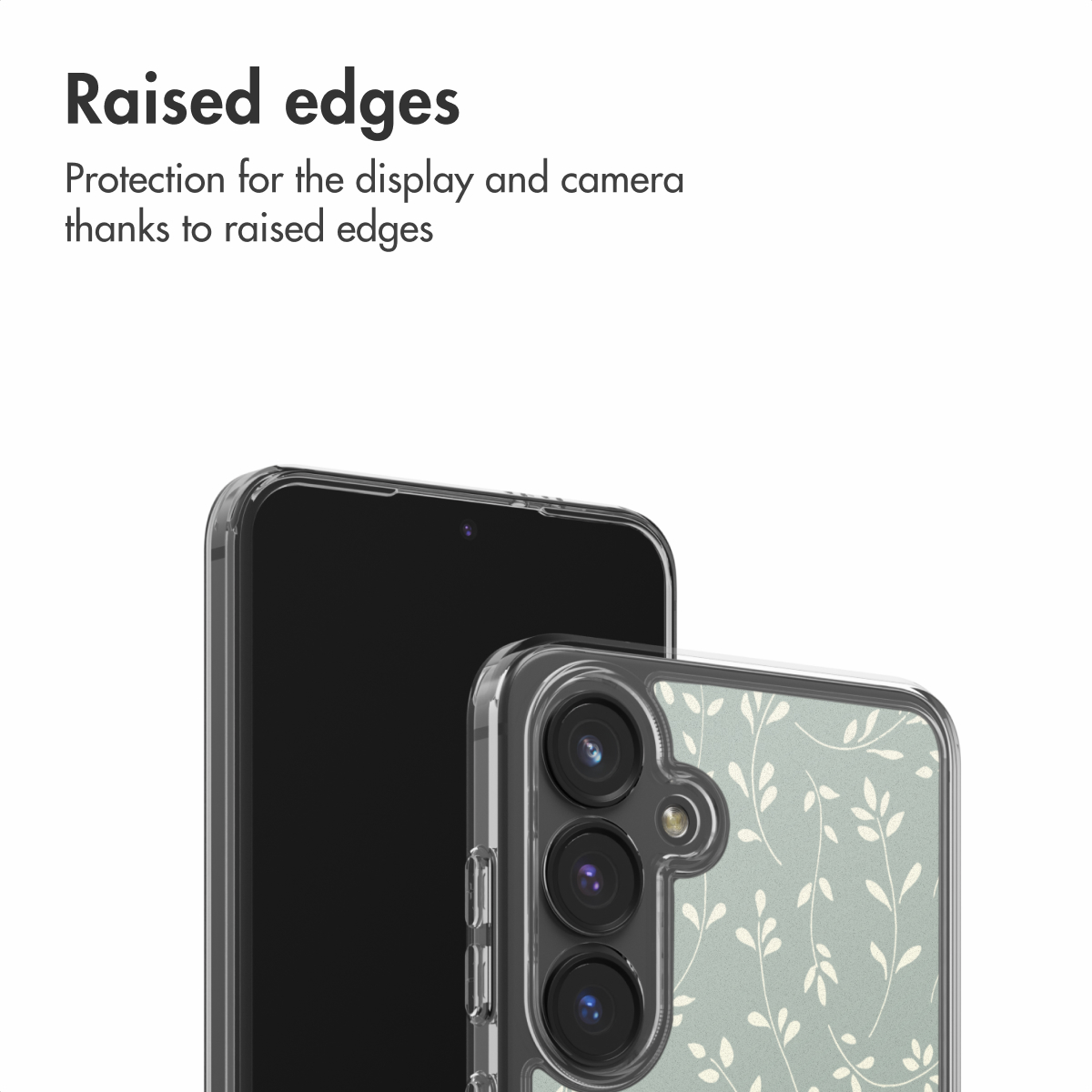 Smartphone con funda transparente y motivo de plantas, protección por bordes elevados.