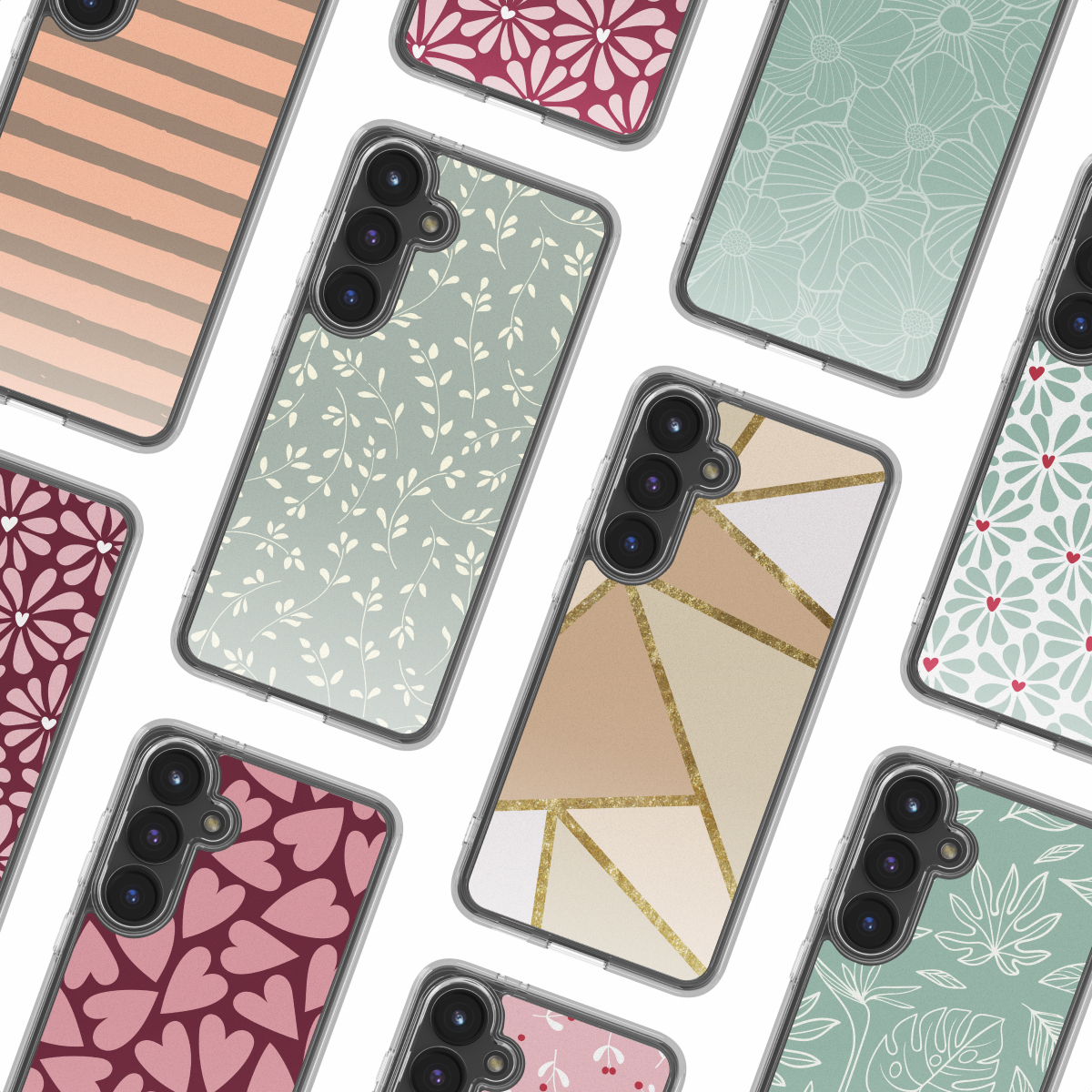 Varias fundas para teléfonos con varios patrones como rayas, flores y corazones sobre fondo blanco.