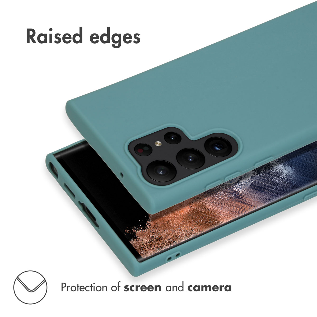 Une coque de smartphone turquoise montrant des bords surélevés pour protéger l'écran et la caméra.