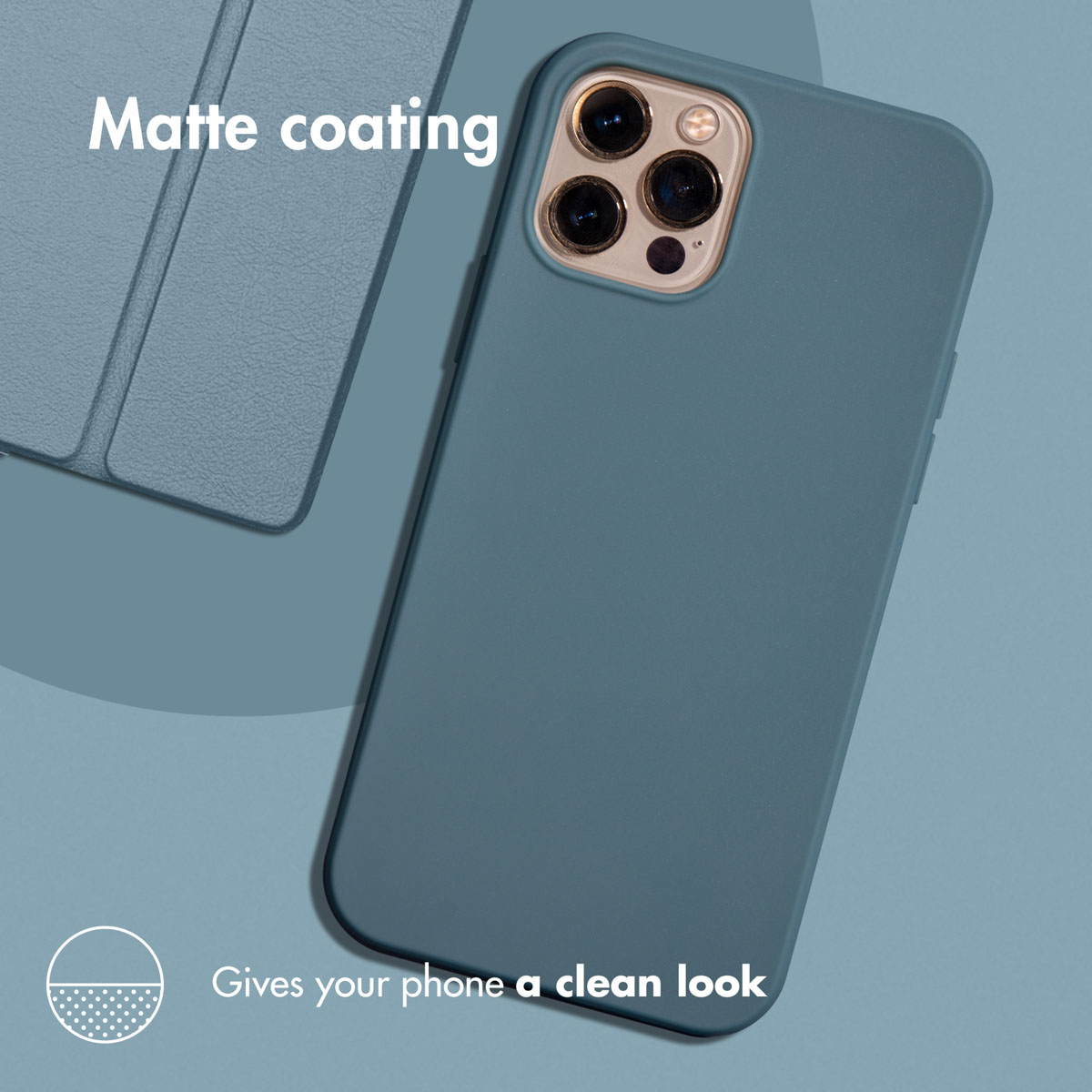 Coque de smartphone bleue avec revêtement mat sur fond bleu et texte.