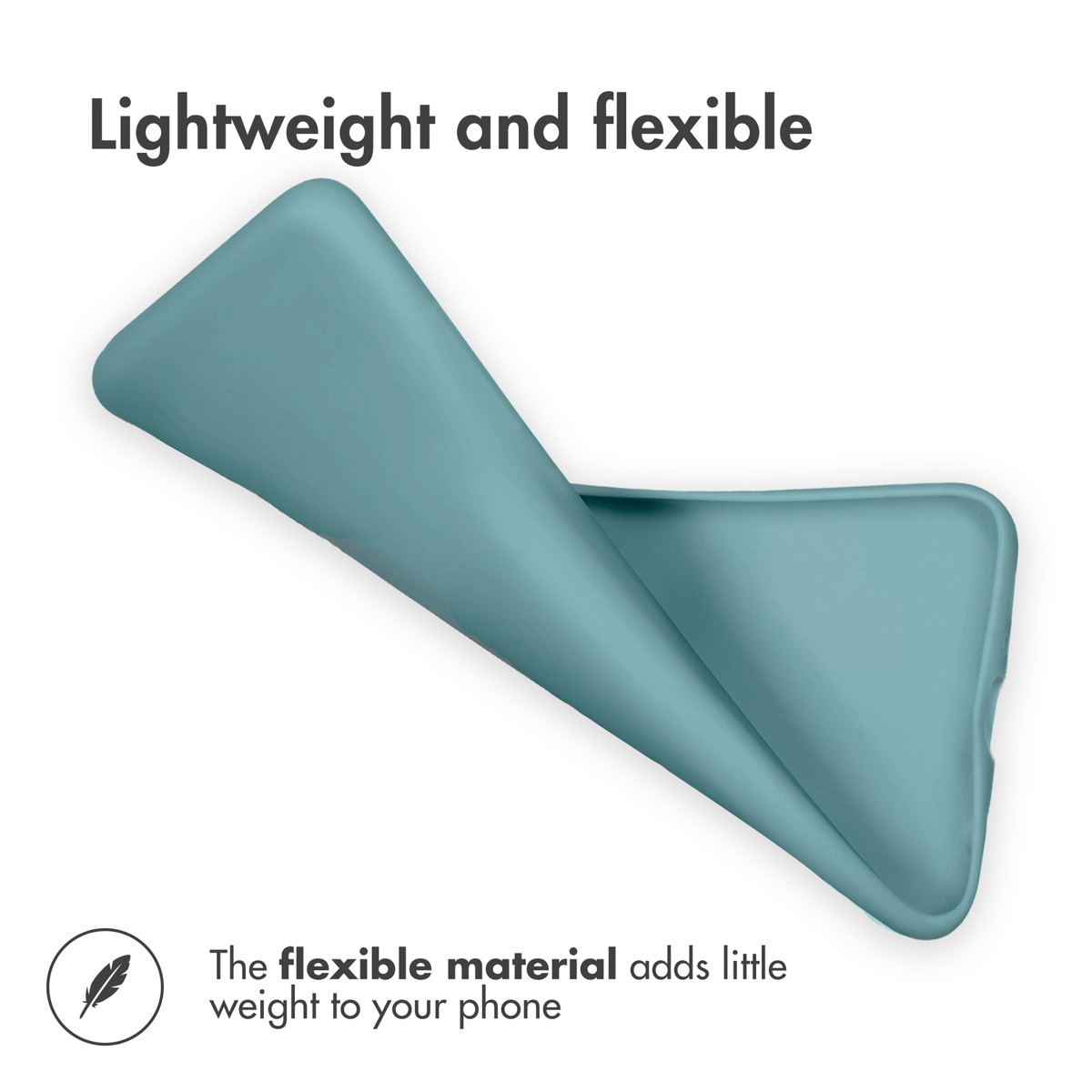 Une coque de smartphone souple bleu clair se plie sur un fond blanc avec du texte.