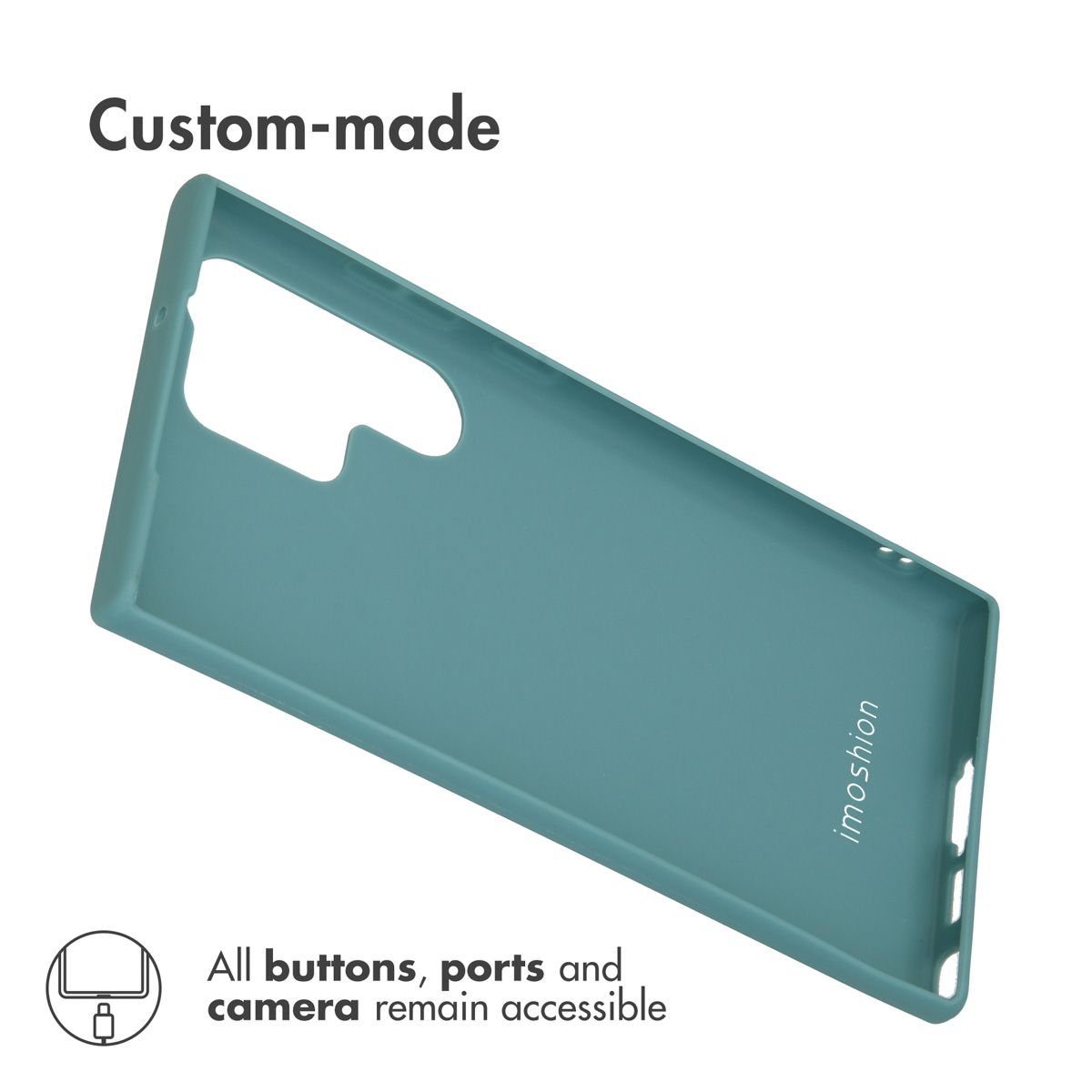 Coque de téléphone turquoise avec découpes pour appareil photo et ports, avec les textes Sur mesure et imoshion.