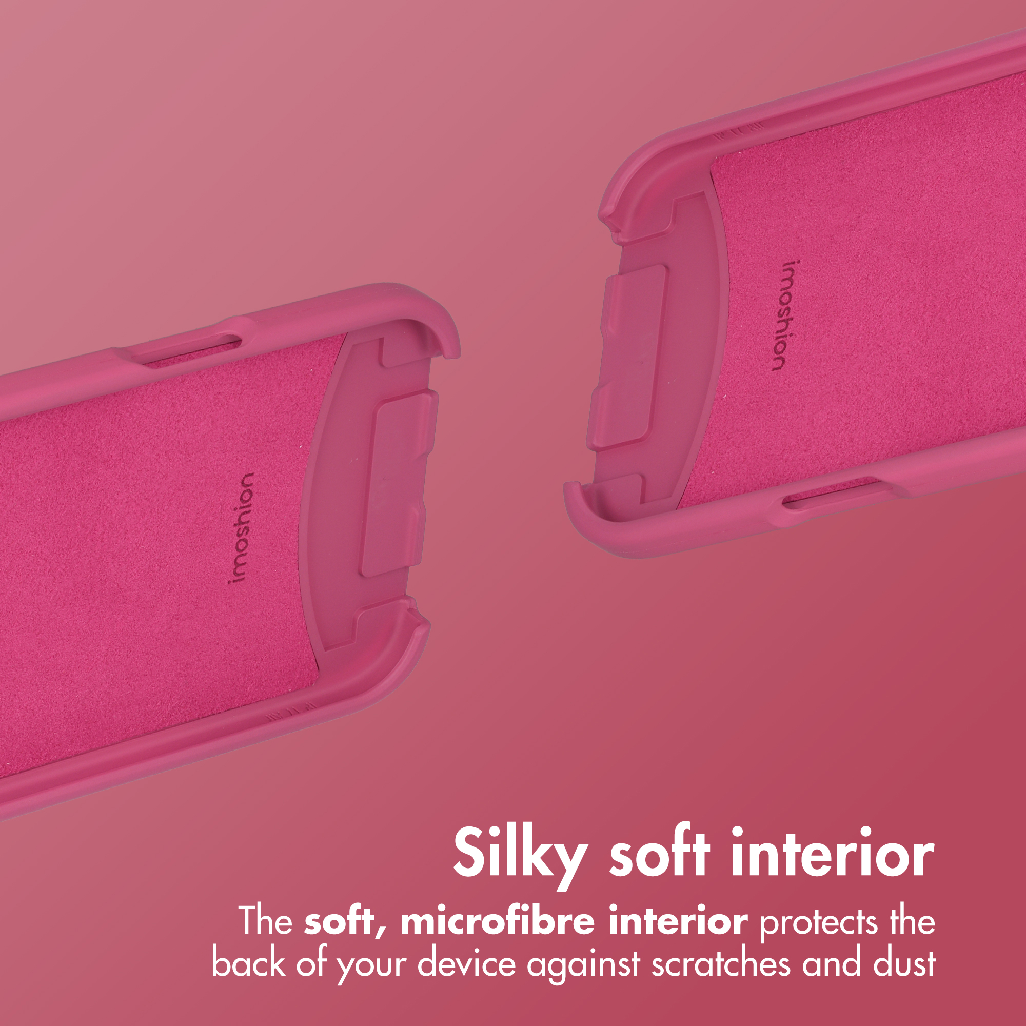 Zwei rosa Handyhüllen mit weicher Mikrofaustinnenseite vor rosa Hintergrund mit Text.
