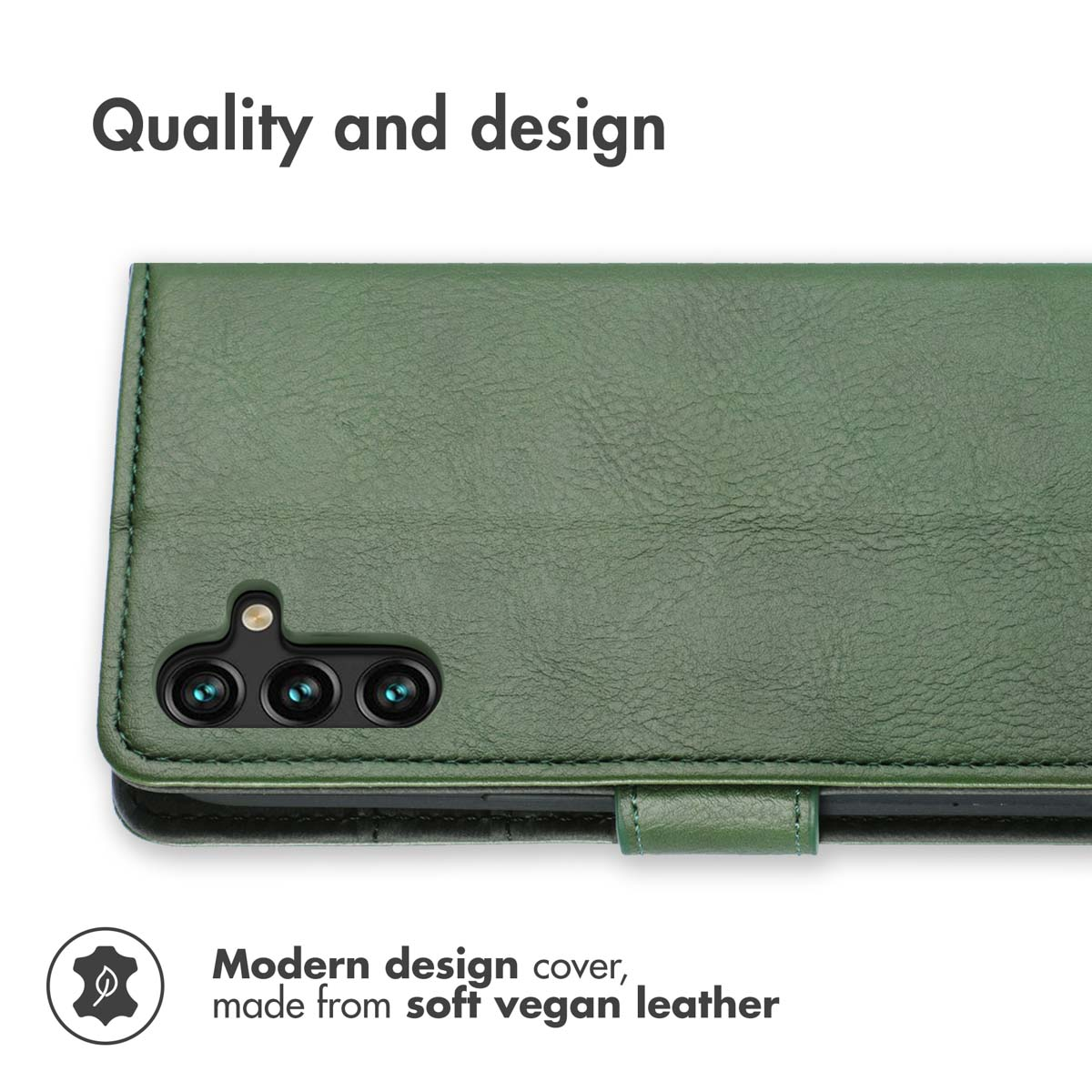 Gros plan sur une coque de téléphone en cuir végétalien vert avec des découpes pour l'appareil photo.
