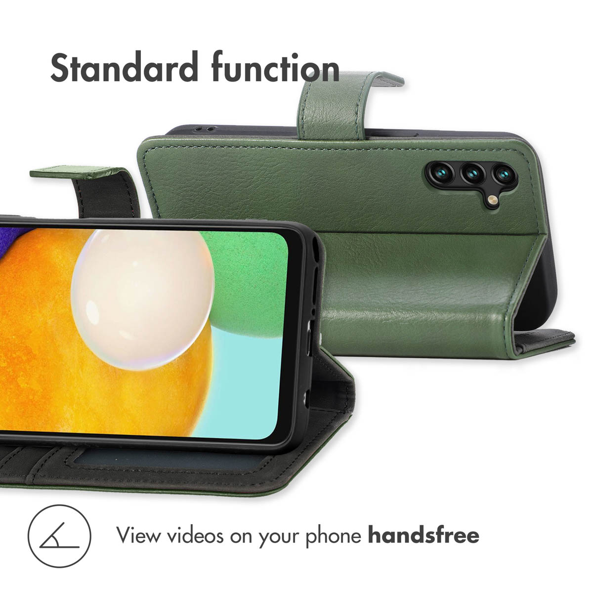 Étui de téléphone en cuir vert avec fonction support.