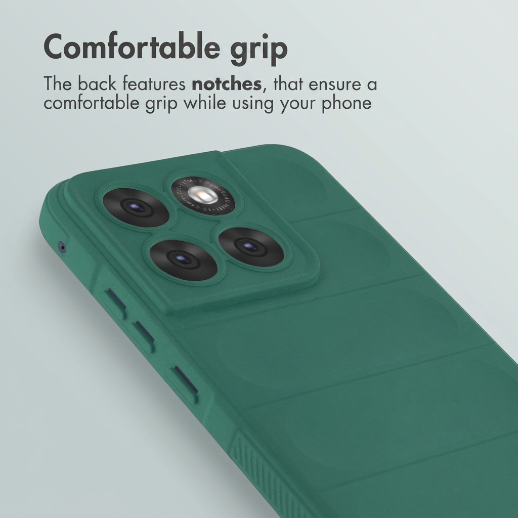 Coque de téléphone verte avec module photo et texte sur la prise en main.