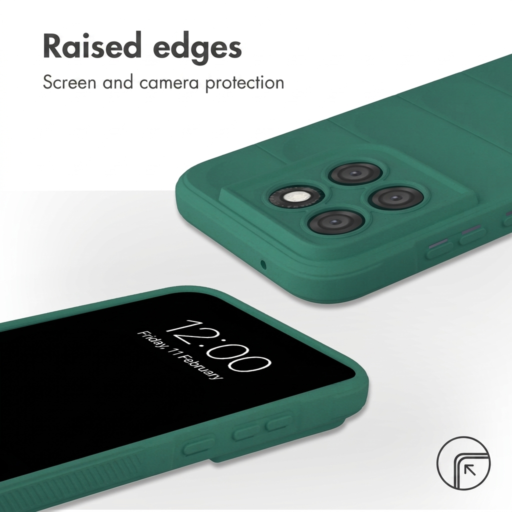 Coque de téléphone verte avec des bords surélevés pour protéger l'écran et l'appareil photo.