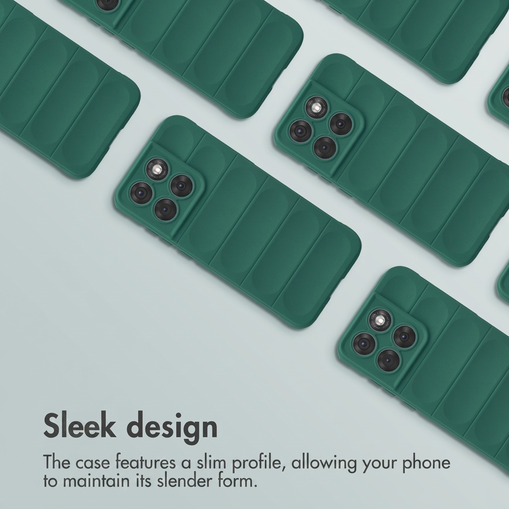 Coques de smartphone vertes matelassées en diagonale sur fond clair avec texte.
