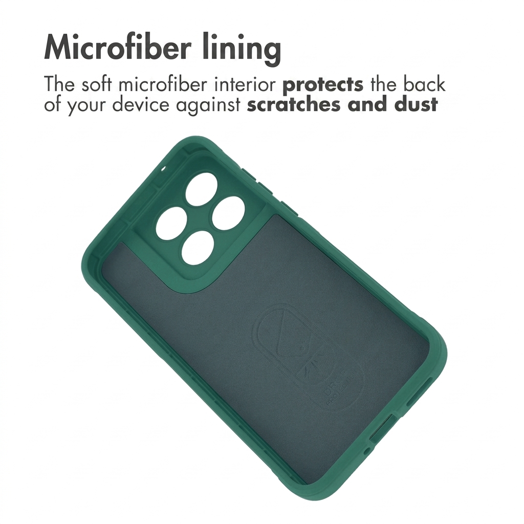Coque de téléphone verte avec intérieur doux et texte sur la protection.
