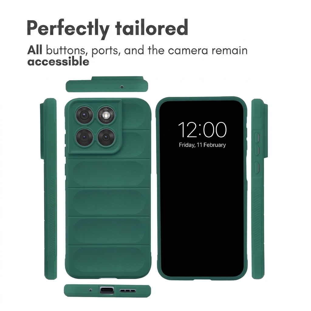 Coque de téléphone verte sous plusieurs angles avec du texte indiquant que les boutons restent accessibles.