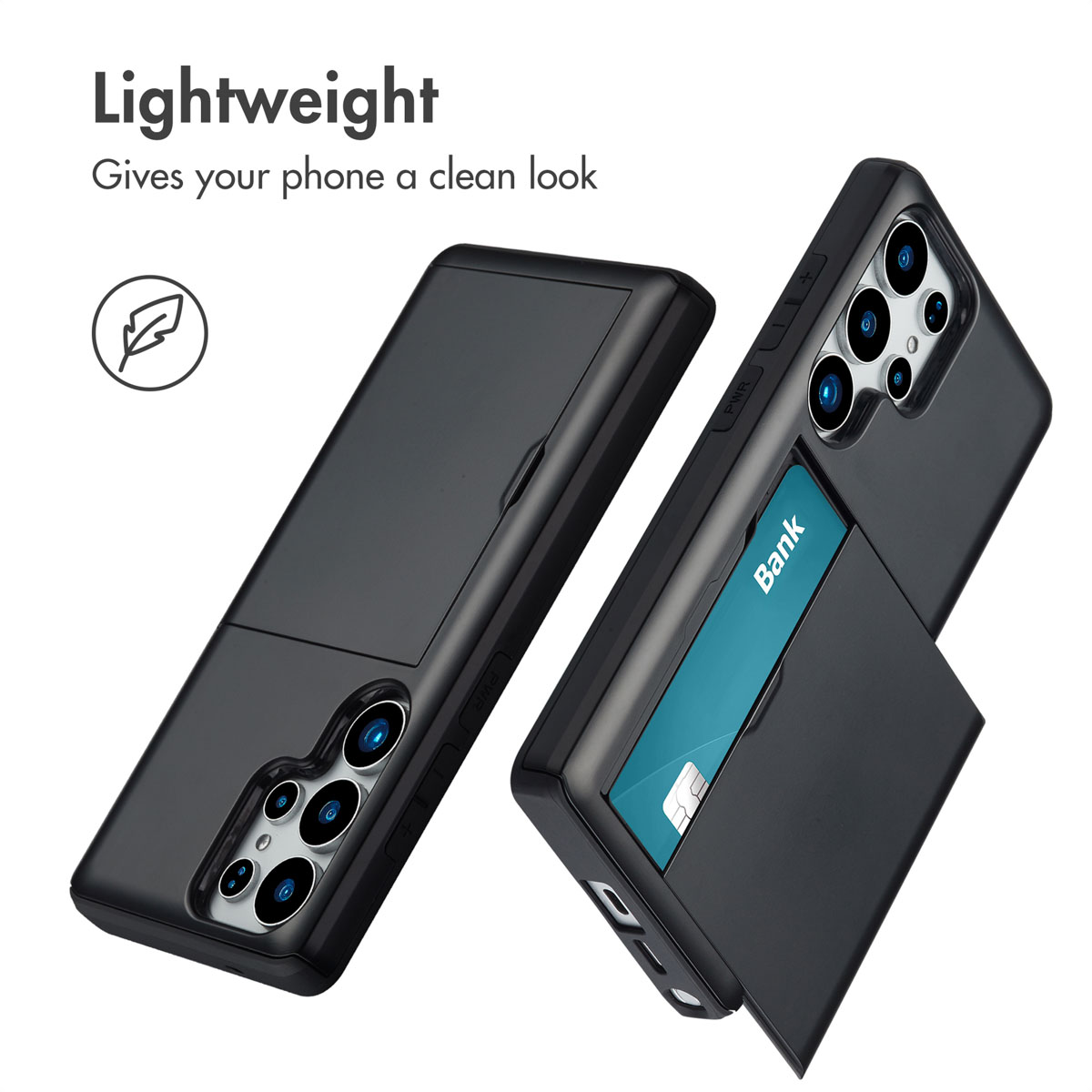 Zwei schwarze Smartphone-Hüllen mit Kartenfach und Kamera-Ausschnitten, mit Text über leichtes Design.