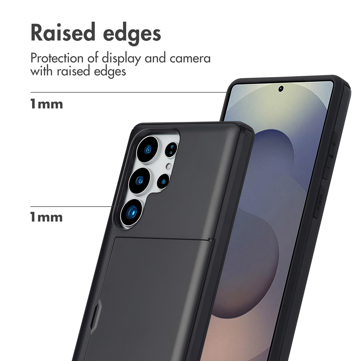 Schwarze Handyhülle mit 1mm erhöhten Kanten für Display- und Kameraschutz.