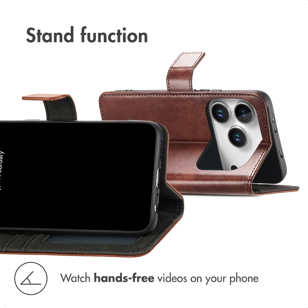 Étui de téléphone en cuir marron avec fonction support.