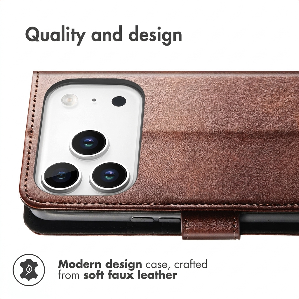 Gros plan sur un étui de téléphone en similicuir marron montrant le module de caméra.