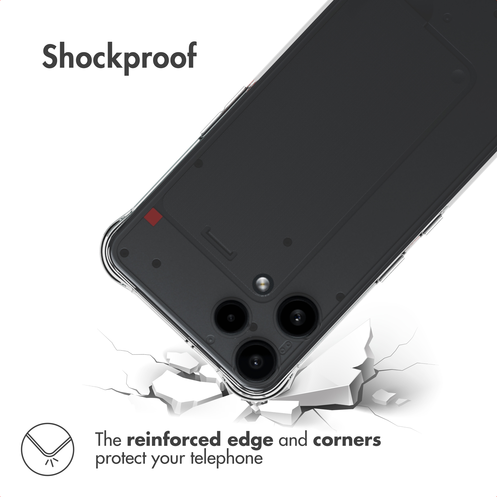 Een smartphone in een beschermhoes op een brekend oppervlak, met de tekst Shockproof.