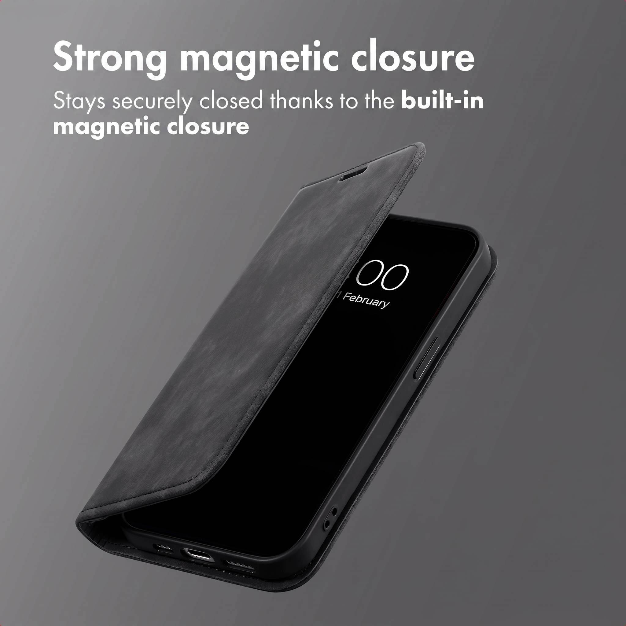 Étui de téléphone noir à rabat avec fermeture magnétique sur fond gris.