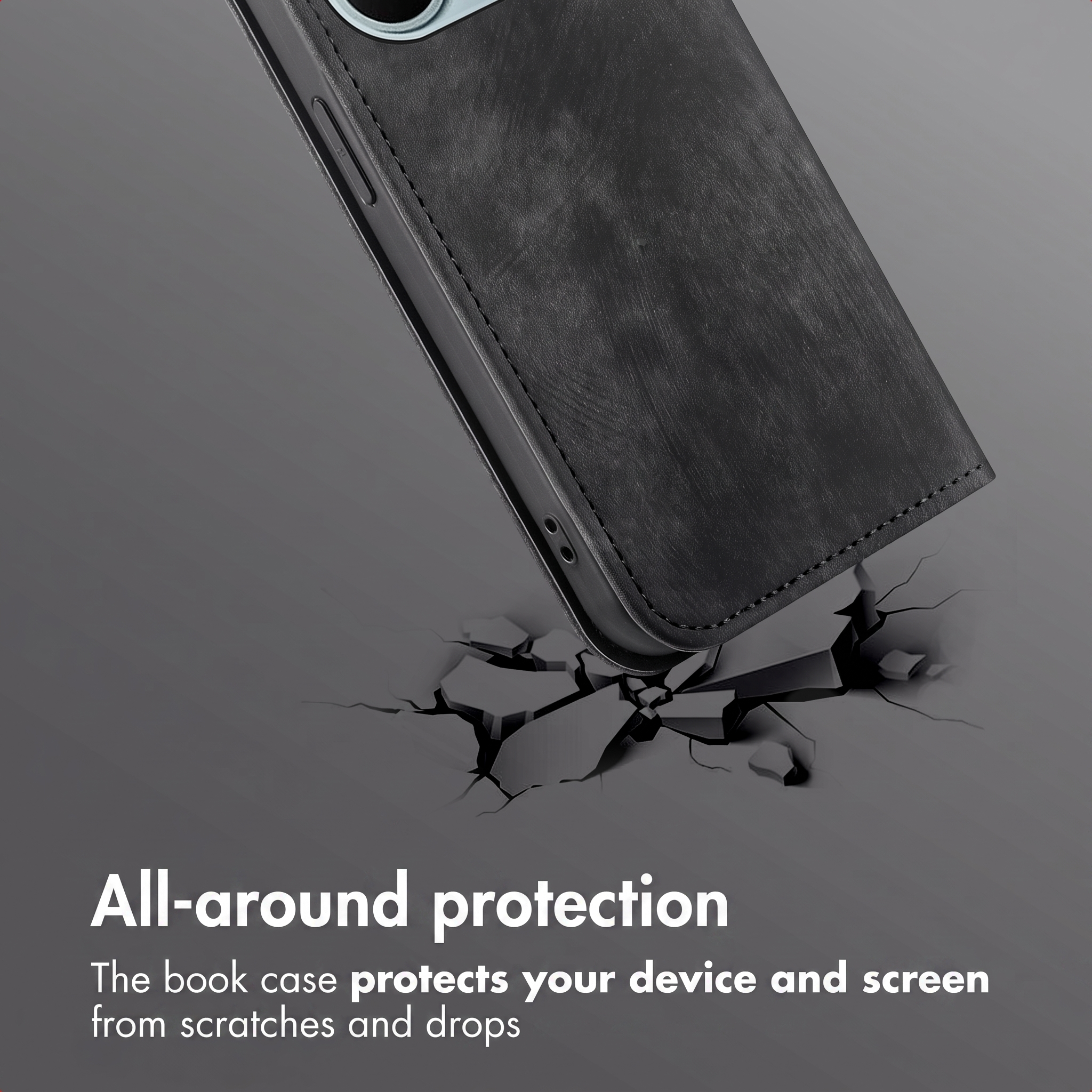 Un étui portefeuille noir pour smartphone au-dessus d'une surface grise fissurée avec du texte.