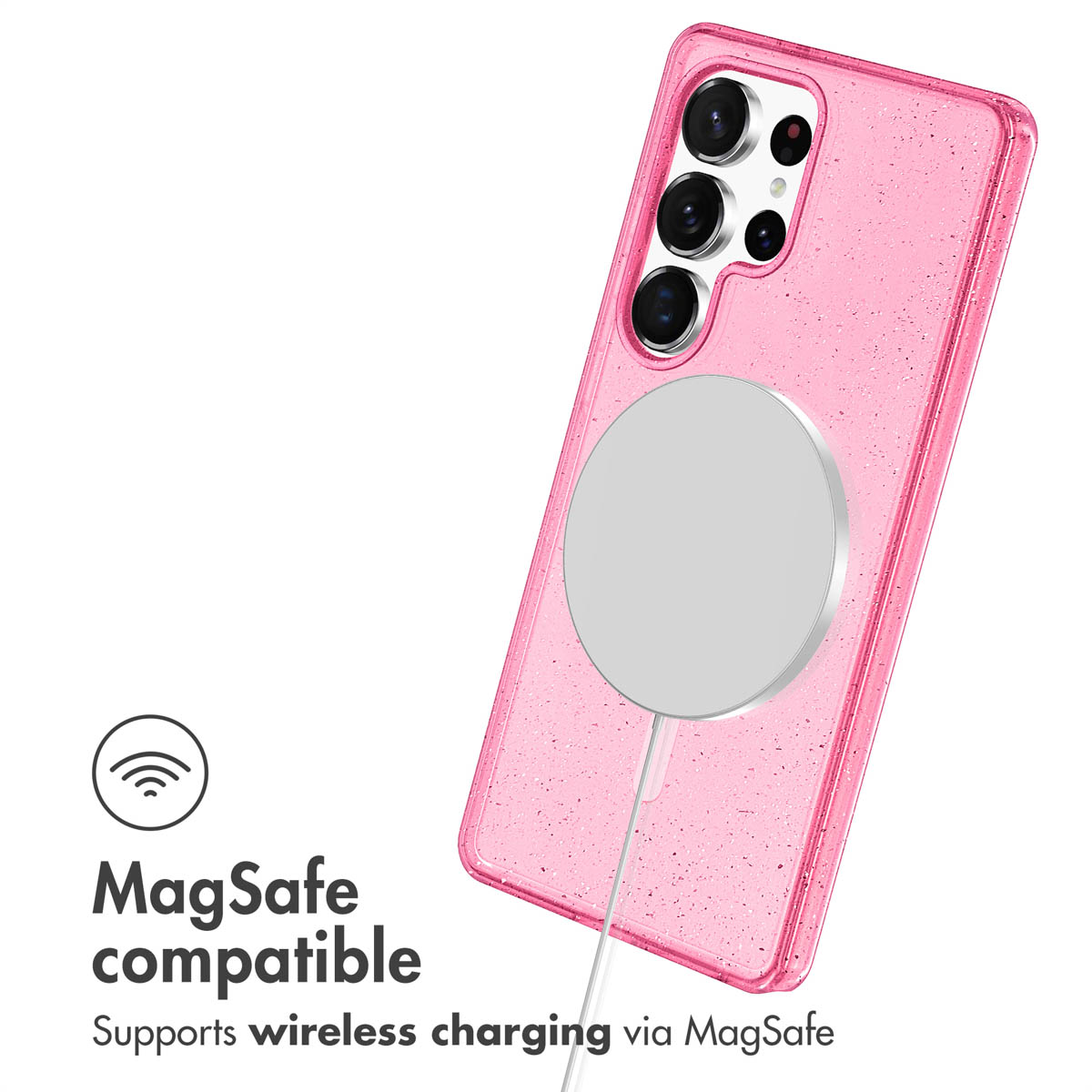 Une coque de téléphone rose pailleté avec un chargeur MagSafe à l'arrière et du texte de charge.