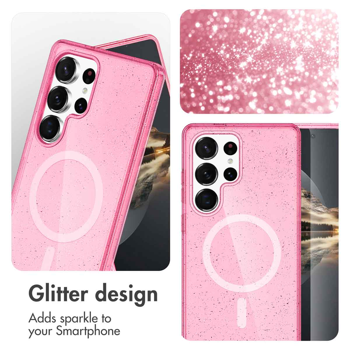 Coque de smartphone rose pailletée avec anneau MagSafe.