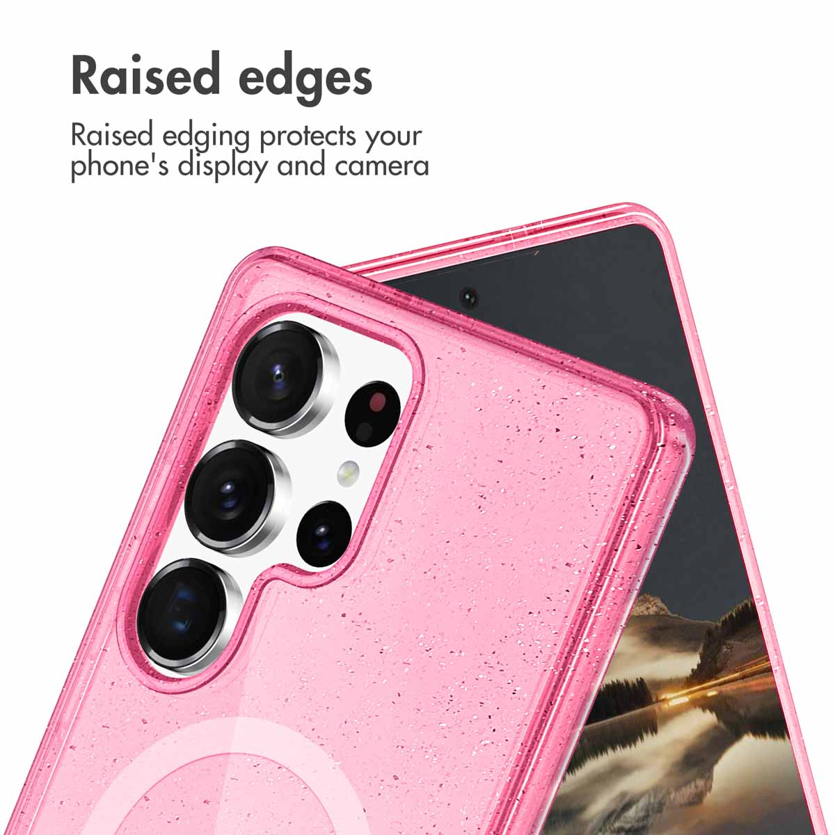 Coque de téléphone rose pailletée avec des bords surélevés protégeant l'appareil photo et l'écran.