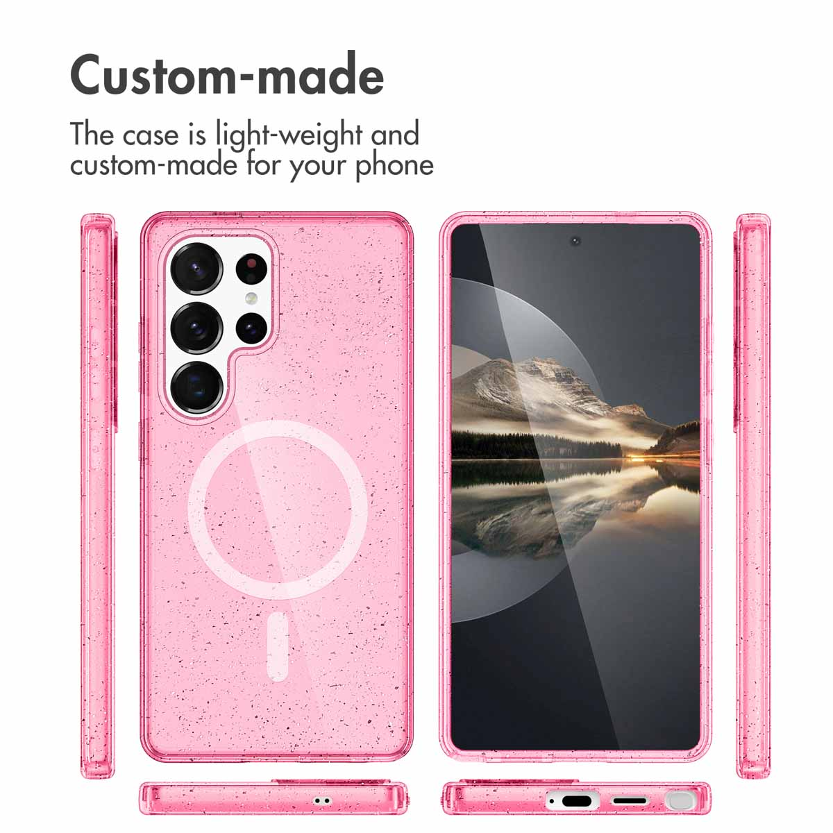 Coque de smartphone rose brillante avec des paillettes et un anneau MagSafe, présentée sous plusieurs angles.