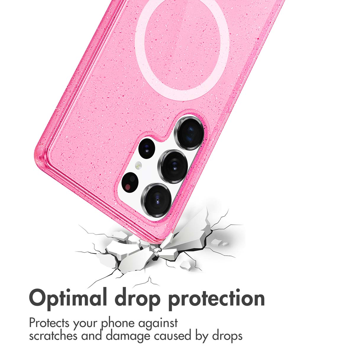 Coque de téléphone rose pailletée avec découpe pour appareil photo et cercle, au-dessus d'une surface blanche.
