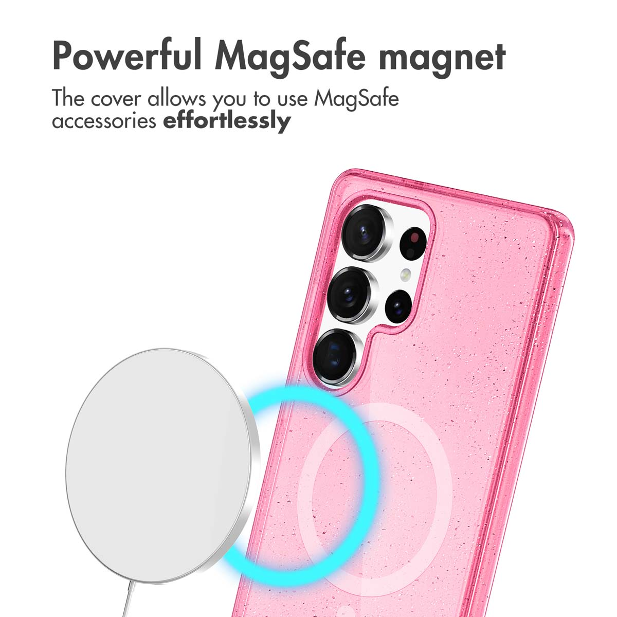 Une coque de téléphone rose pailletée avec un chargeur MagSafe et un anneau magnétique.