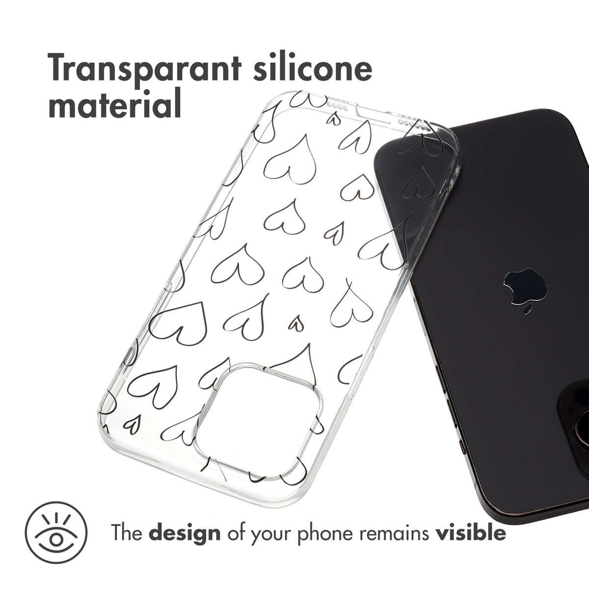 Transparente Silikonhülle mit schwarzen Herzen neben einem schwarzen Smartphone mit Apple-Logo.