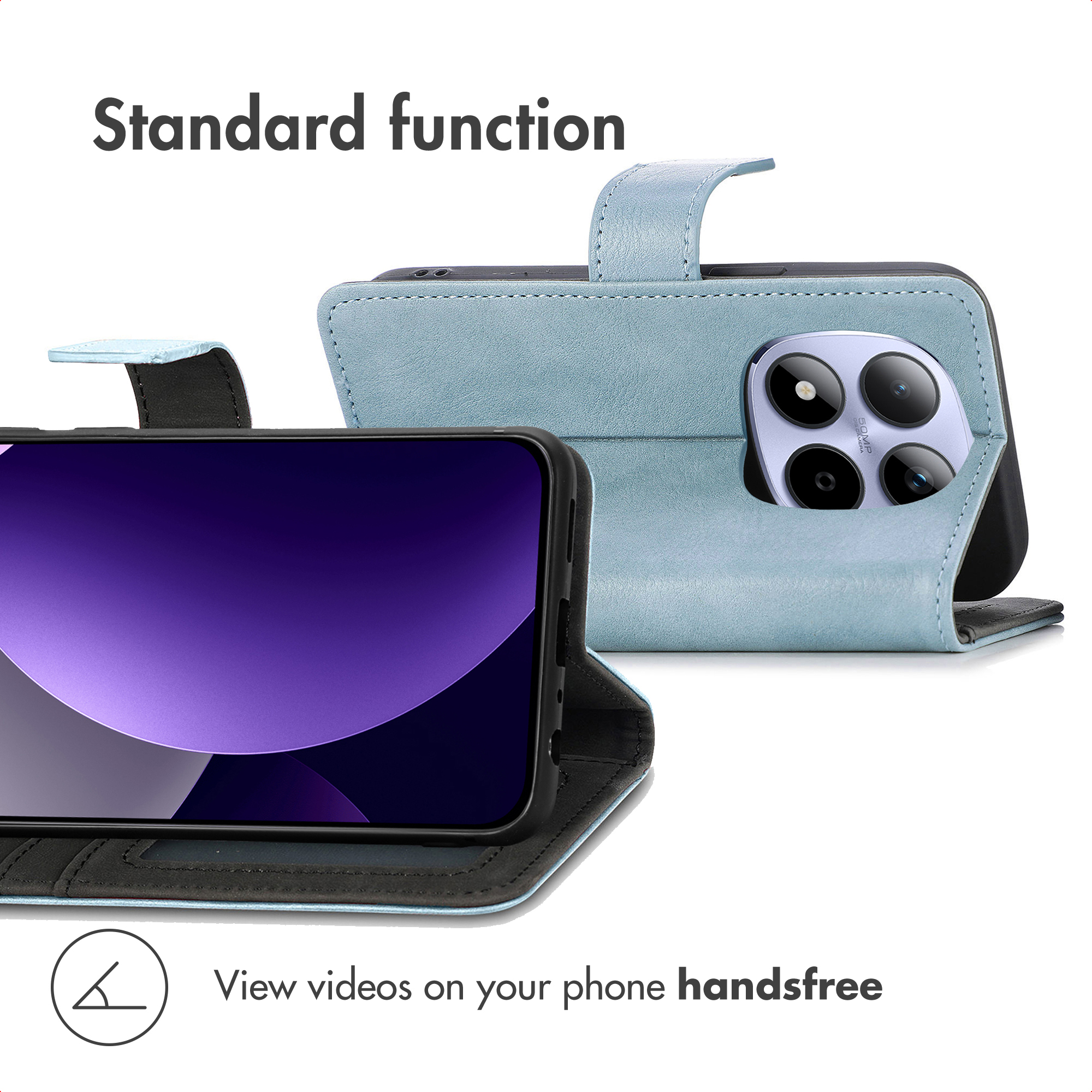 Two light blue leather phone cases holding smartphones, one showing the screen and one showing the back cameras.