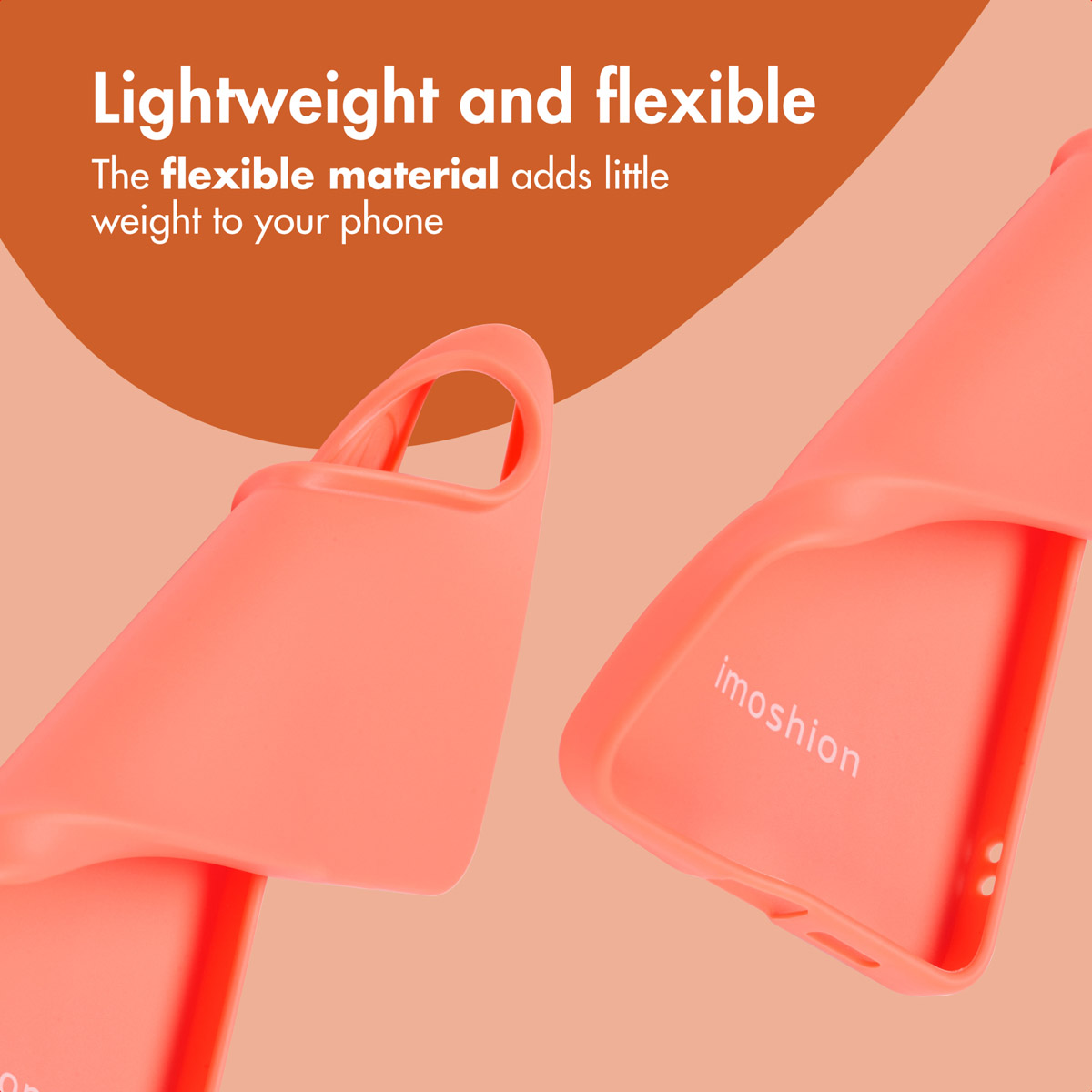 Dos fundas de teléfono flexibles de color naranja sobre fondo naranja con texto.