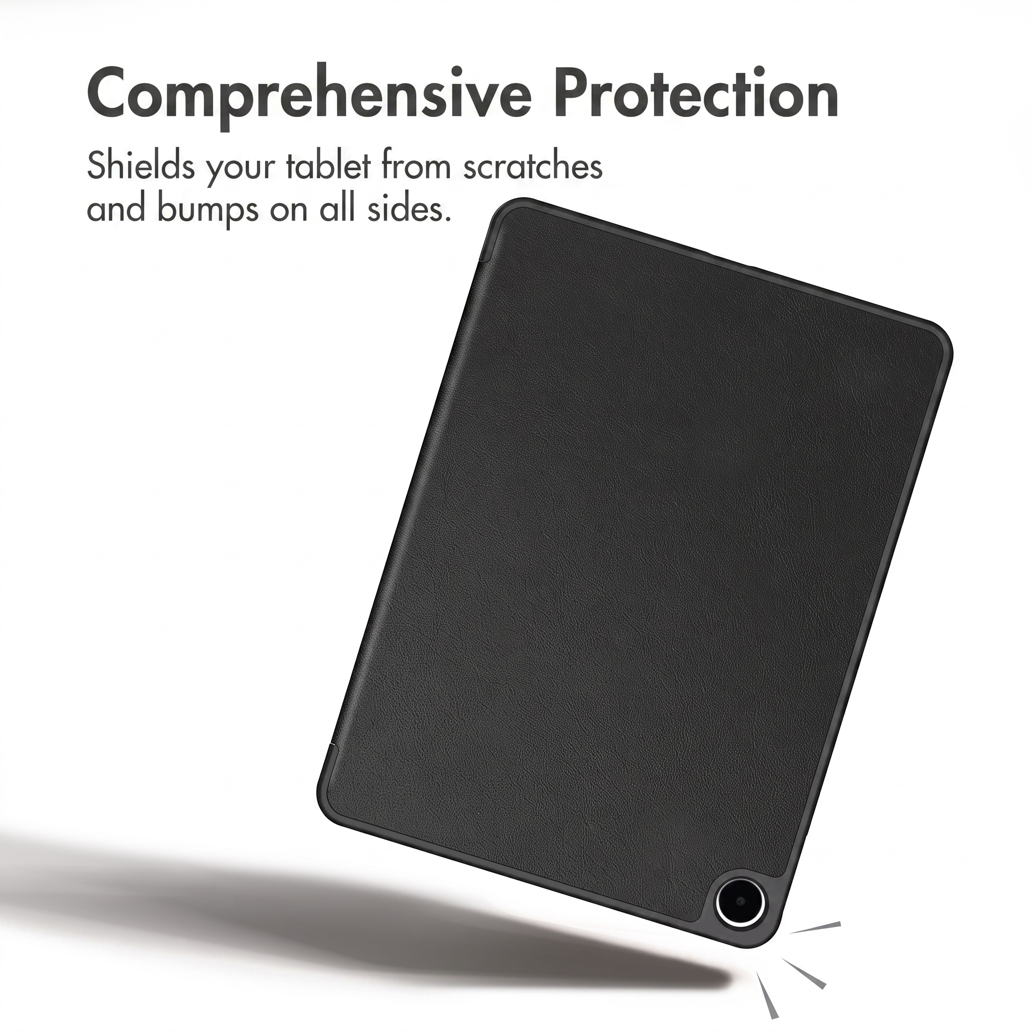 A black tablet case shown from the back against a white background with text about comprehensive protection.