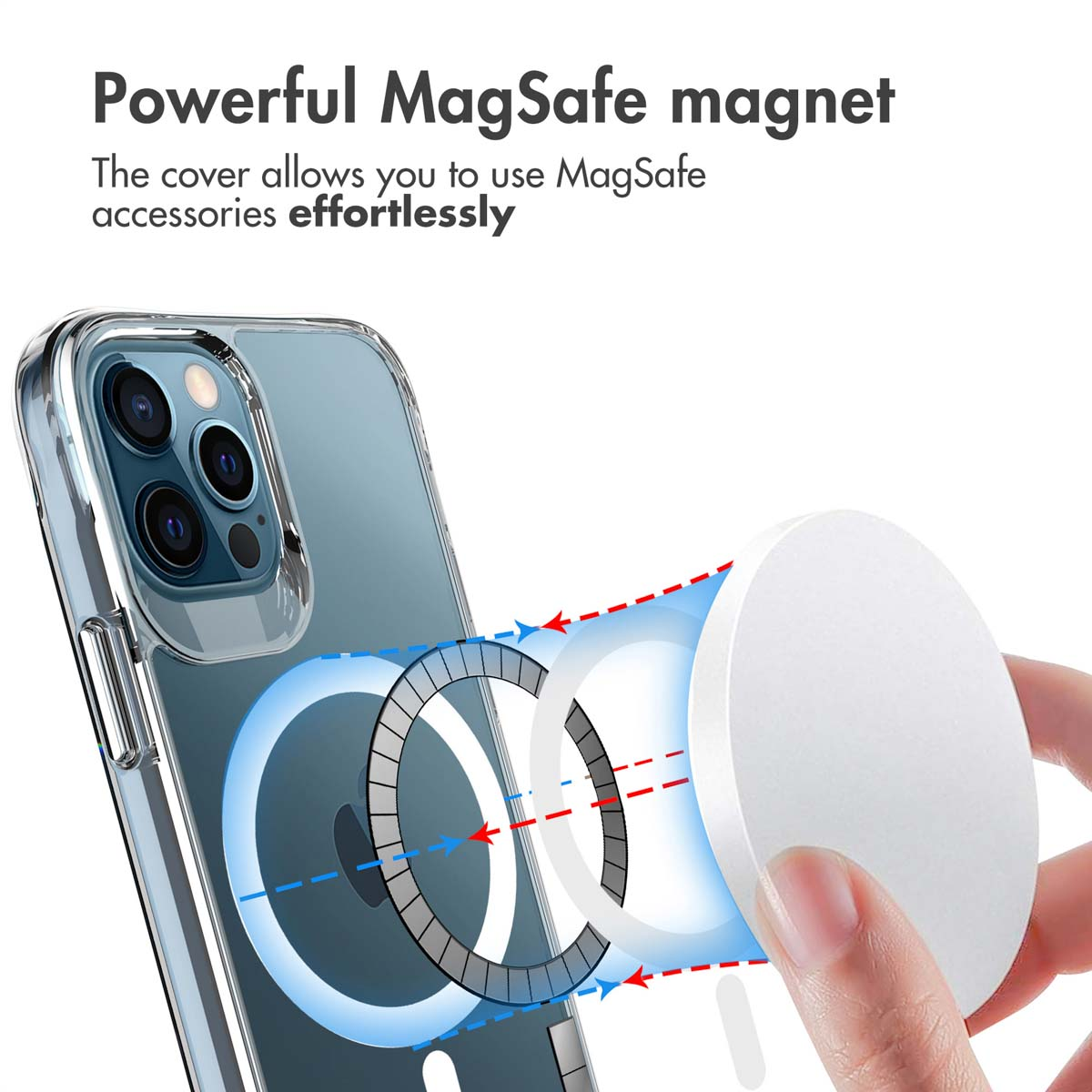 Une coque transparente avec un anneau magnétique MagSafe aligné sur un chargeur blanc.