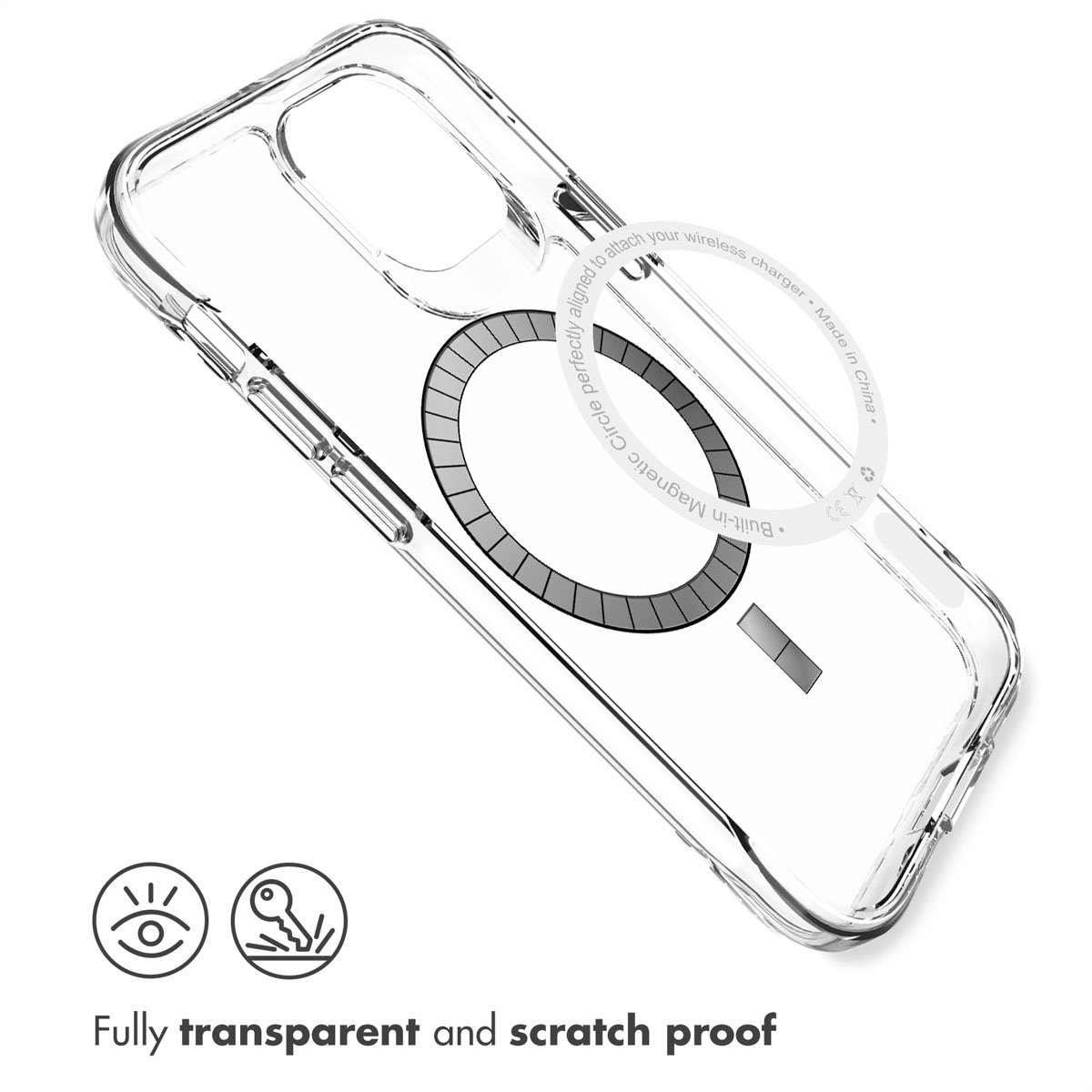 Coque de téléphone transparente avec un anneau magnétique à l'arrière et deux icônes.