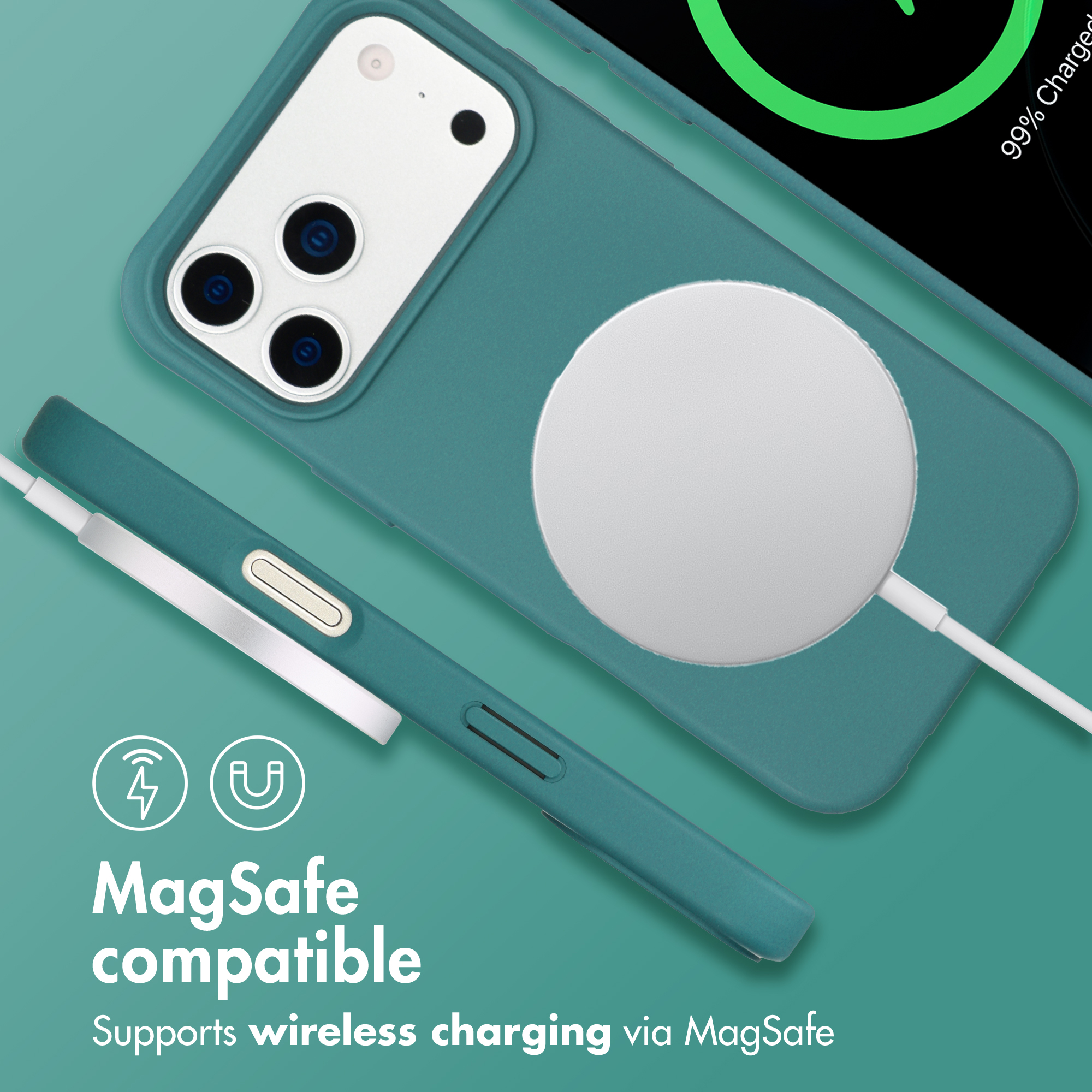 Custodia per telefono verde con caricatore MagSafe e ritaglio per fotocamera su sfondo verde.