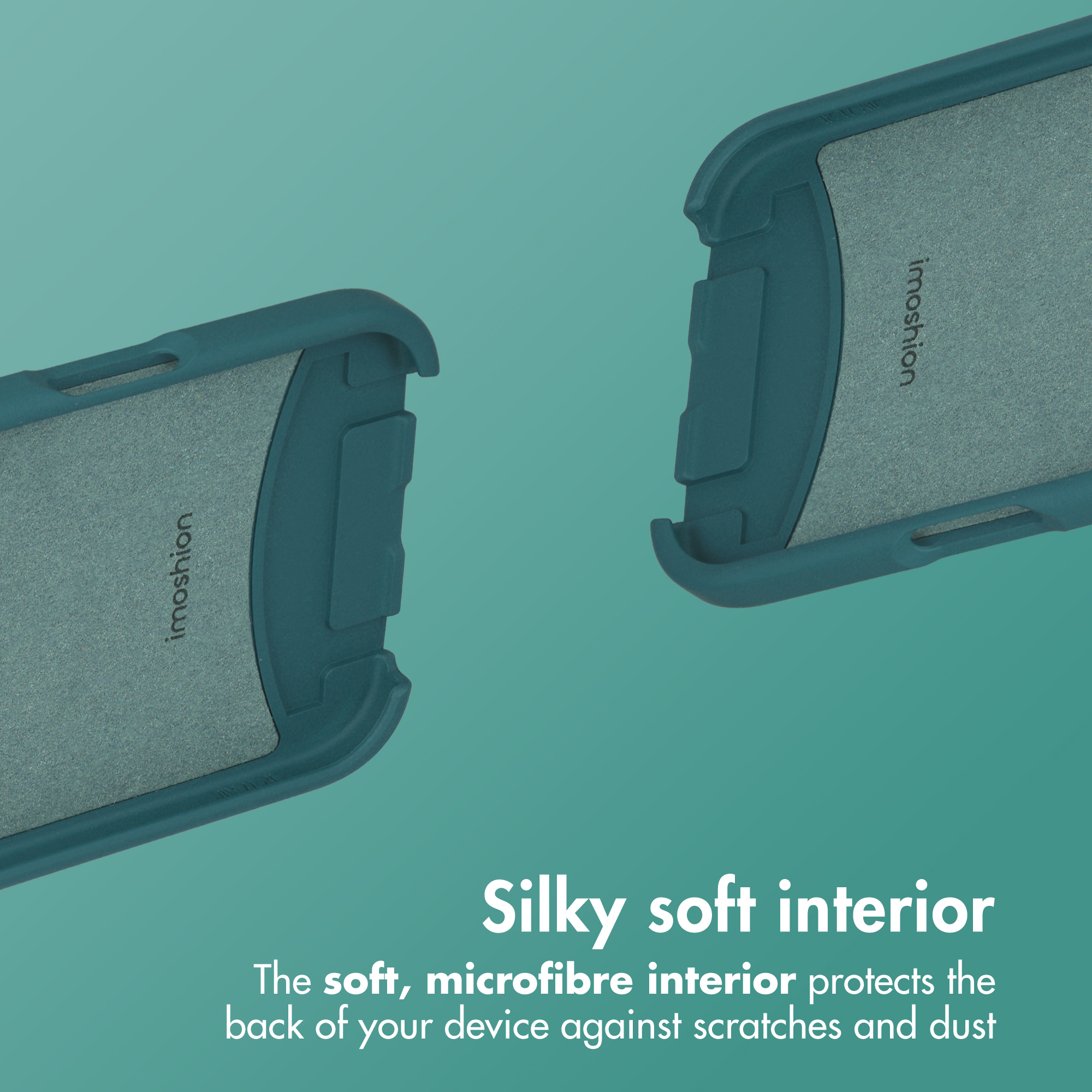 Due custodie verdi per smartphone con morbido interno in microfibra su sfondo verde acqua.