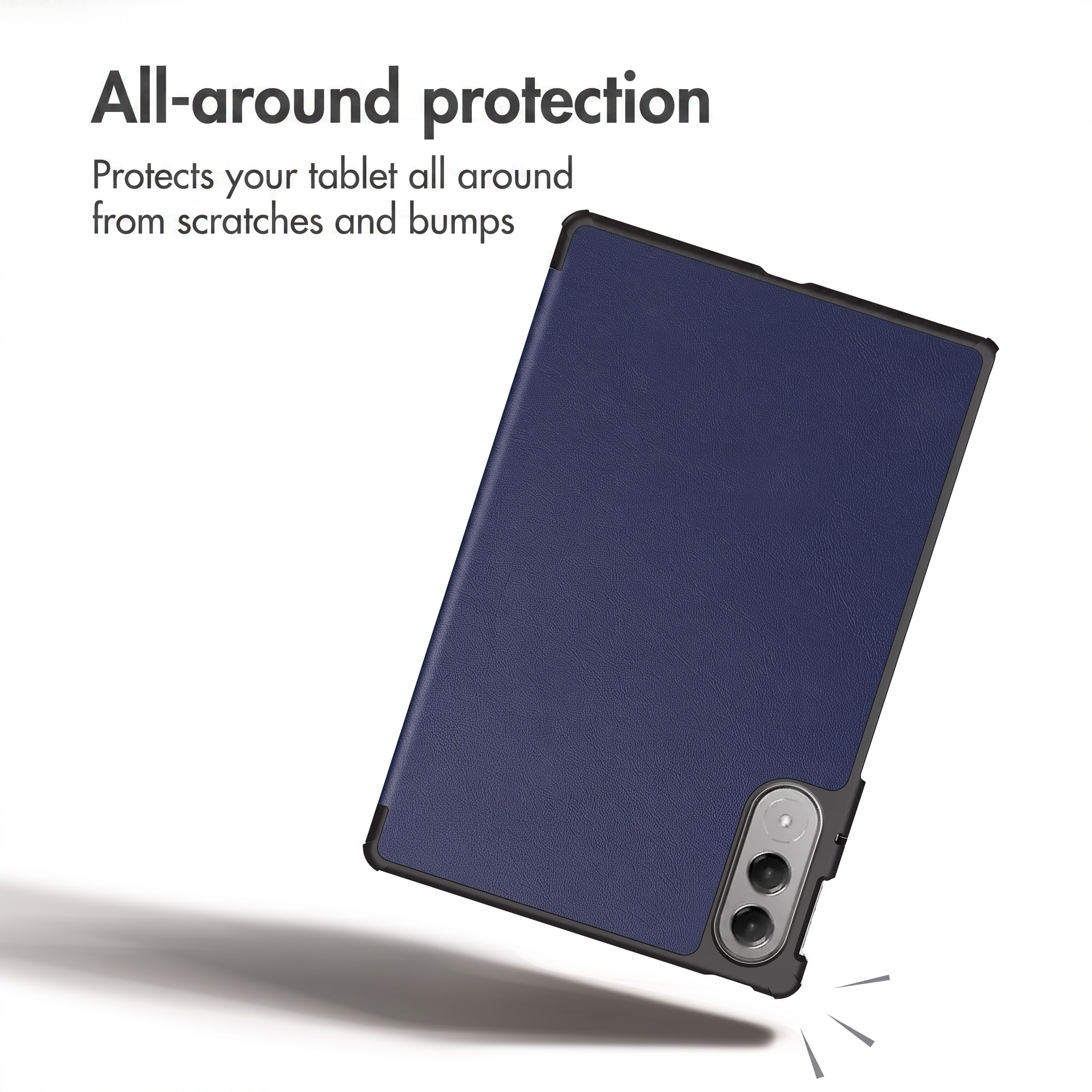 Blue tablet case with protection and text above.