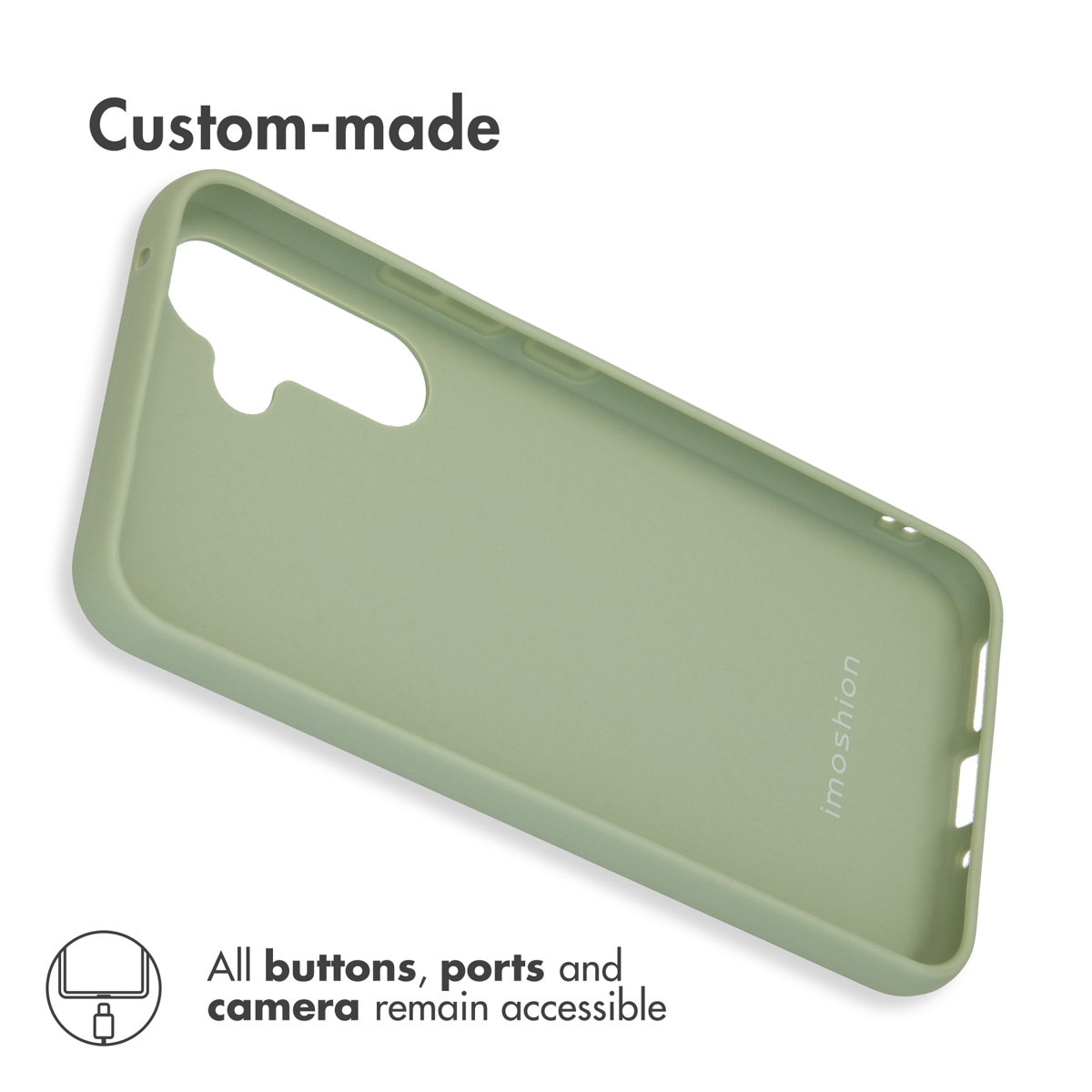 Une coque de téléphone vert pastel sur fond blanc avec du texte et des icônes soulignant l'accessibilité.