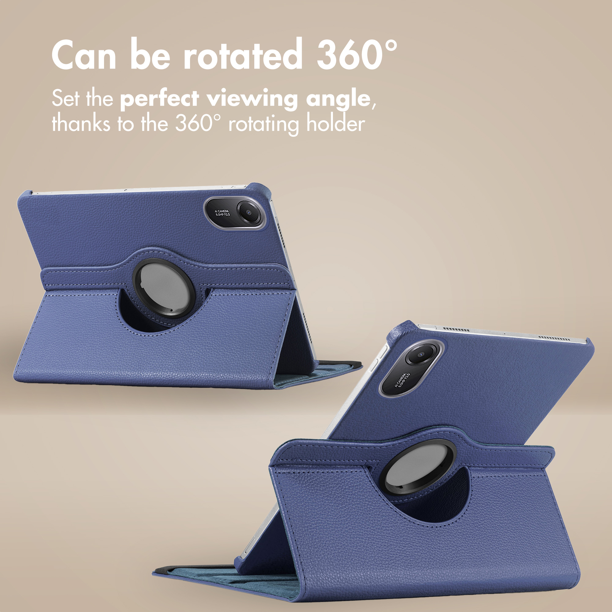 Étui de tablette bleu avec support rotatif sur fond beige.