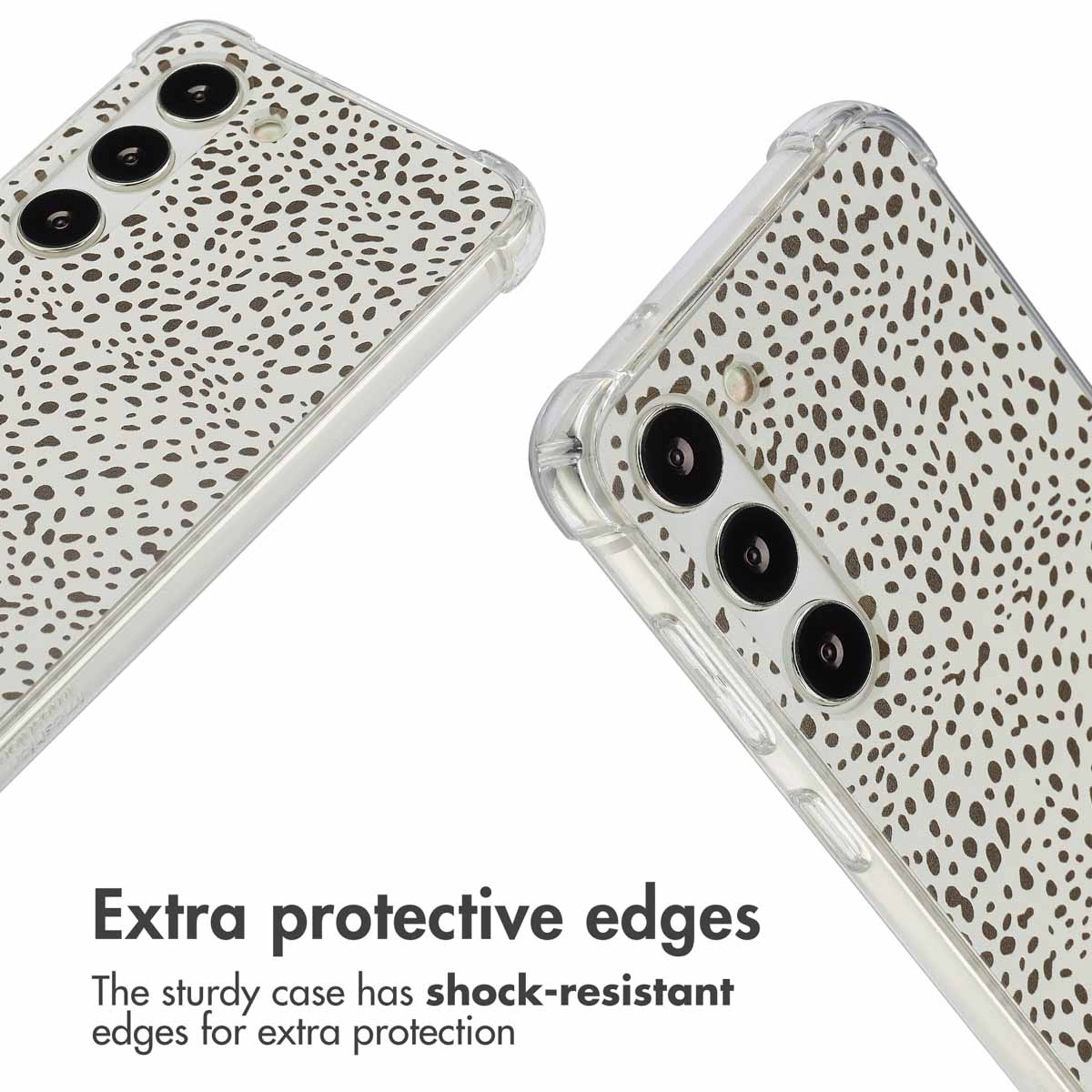 Une coque de téléphone transparente avec un motif tacheté marron et des coins de protection renforcés.