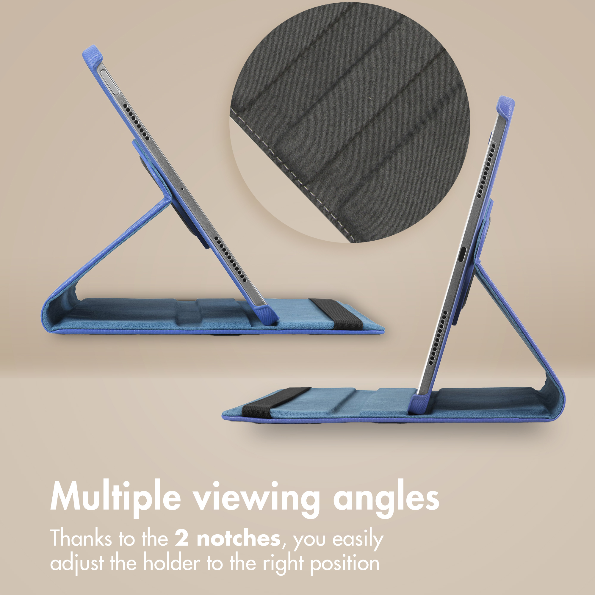 Étui de tablette bleu avec angles de vue réglables, montrant la doublure intérieure.