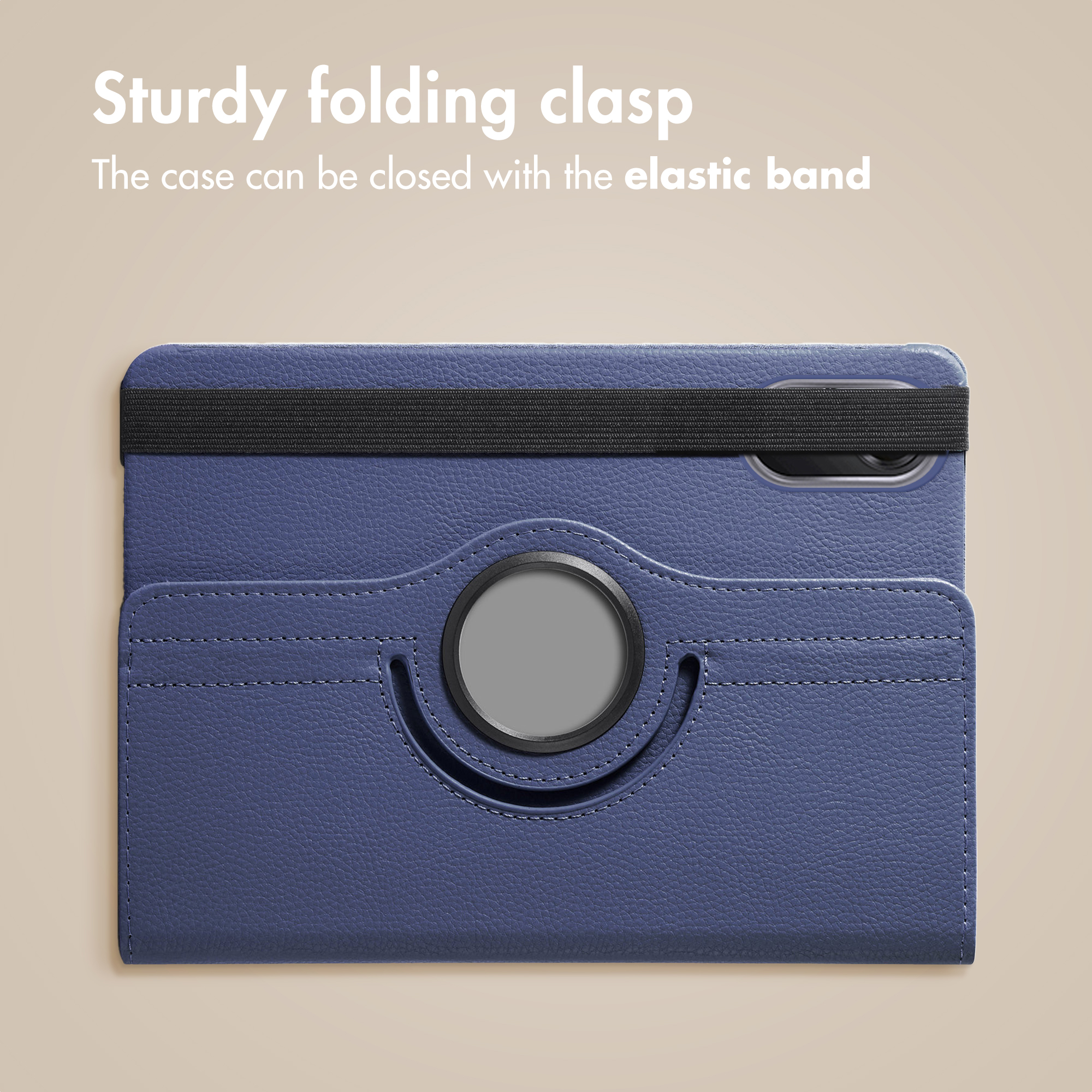 Étui pour tablette bleu avec un élastique noir et un fermoir circulaire.