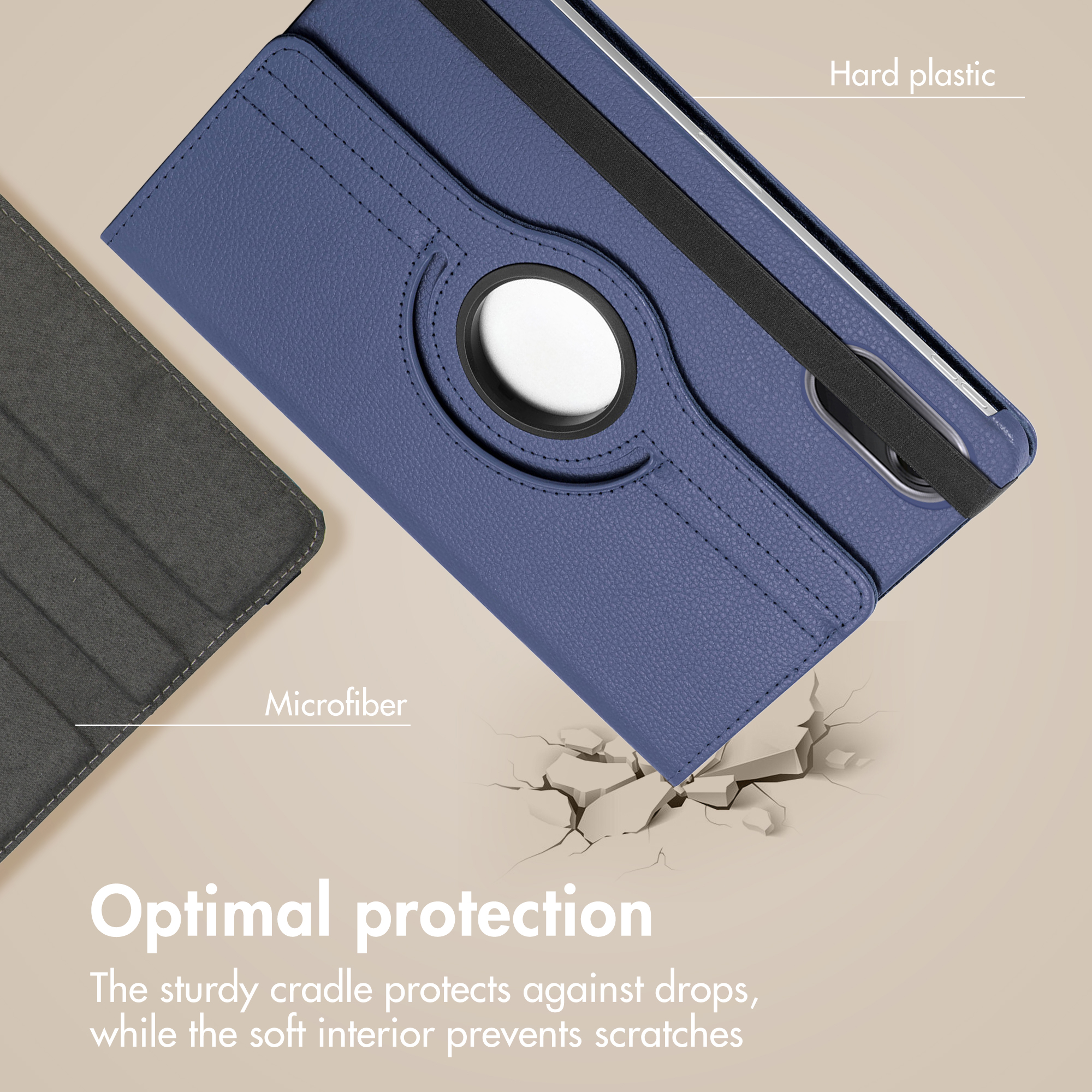 Étui de tablette bleu avec dos en plastique dur et doublure intérieure en microfibre douce sur fond beige.