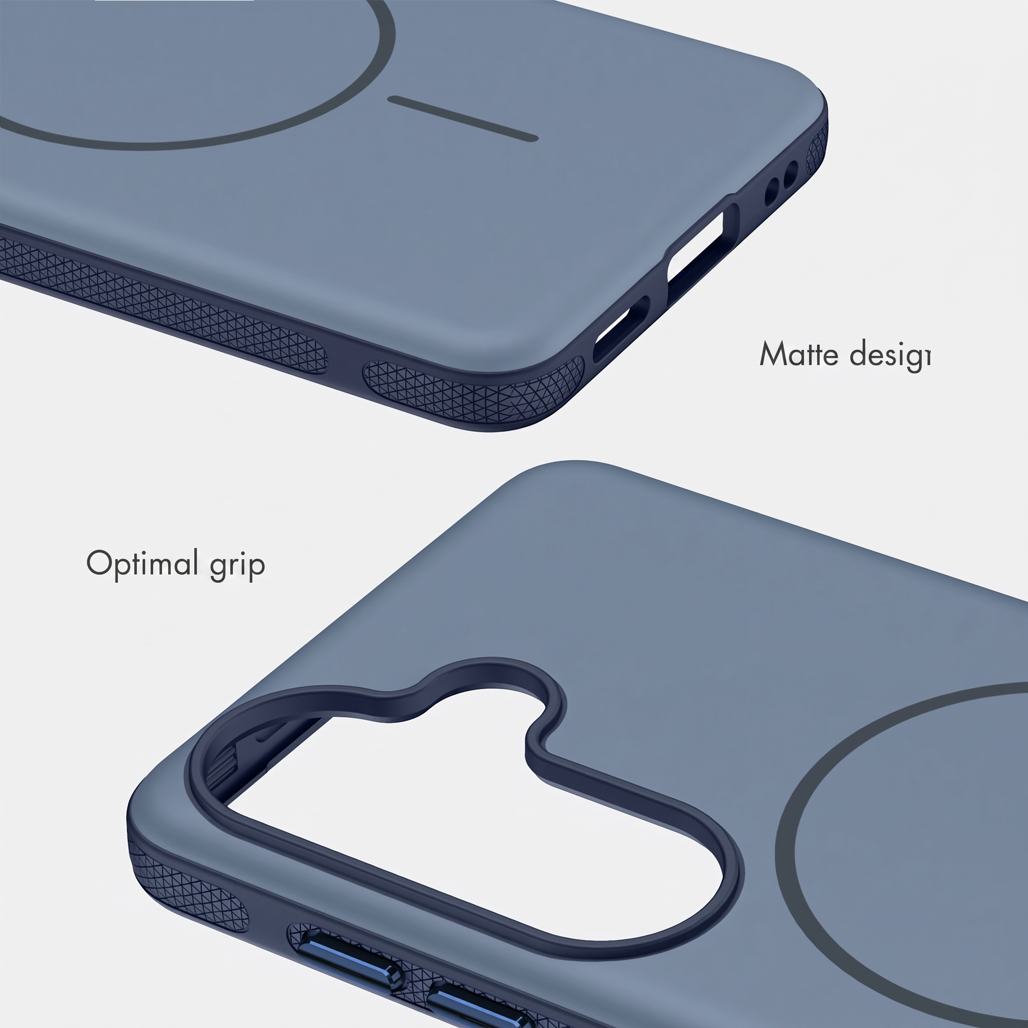 Blaue smartphone-hülle mit mattem design und texturierter grifffläche an den seiten.