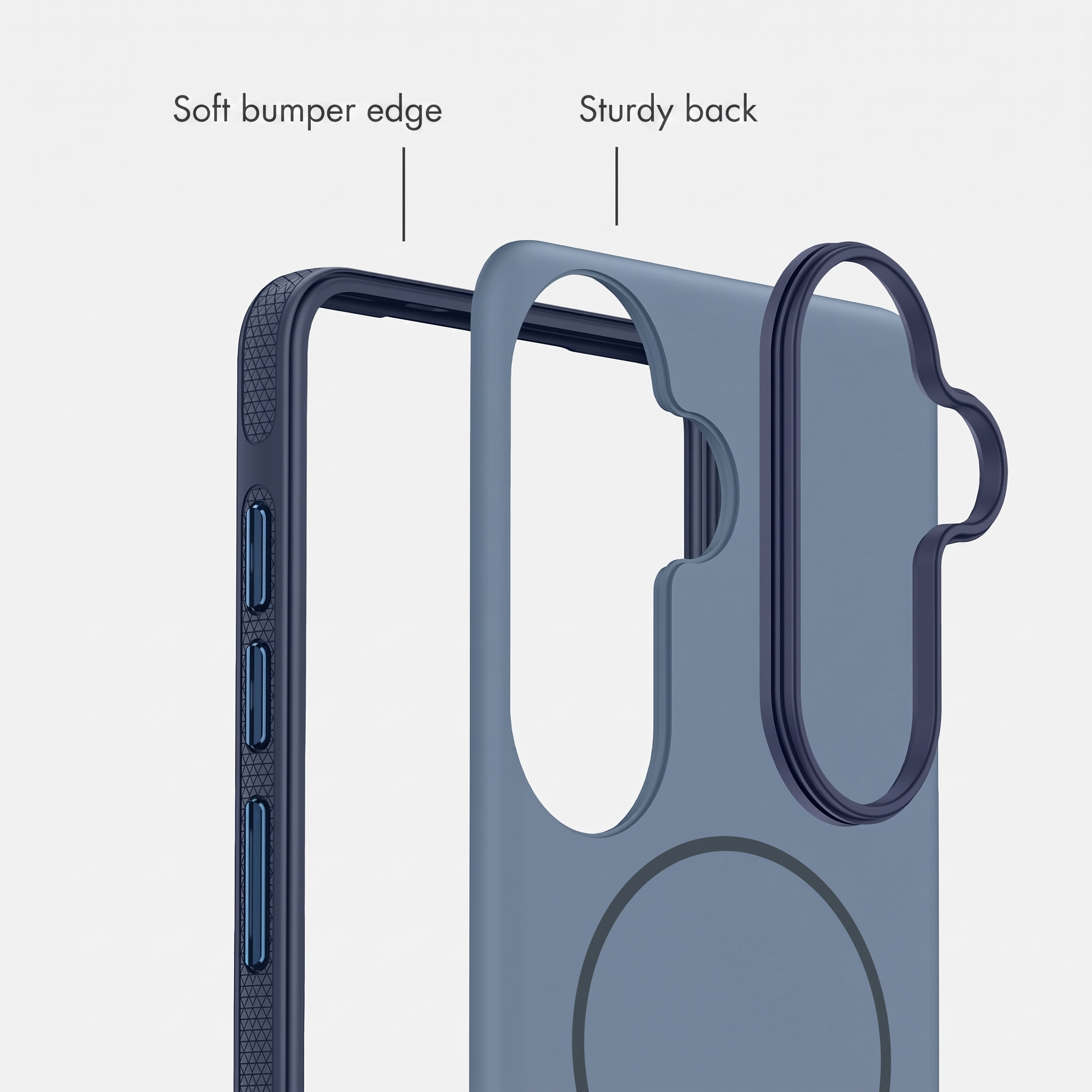 Ein Telefonhüllen-Diagramm zeigt eine weiche Kante und eine robuste Rückseite.