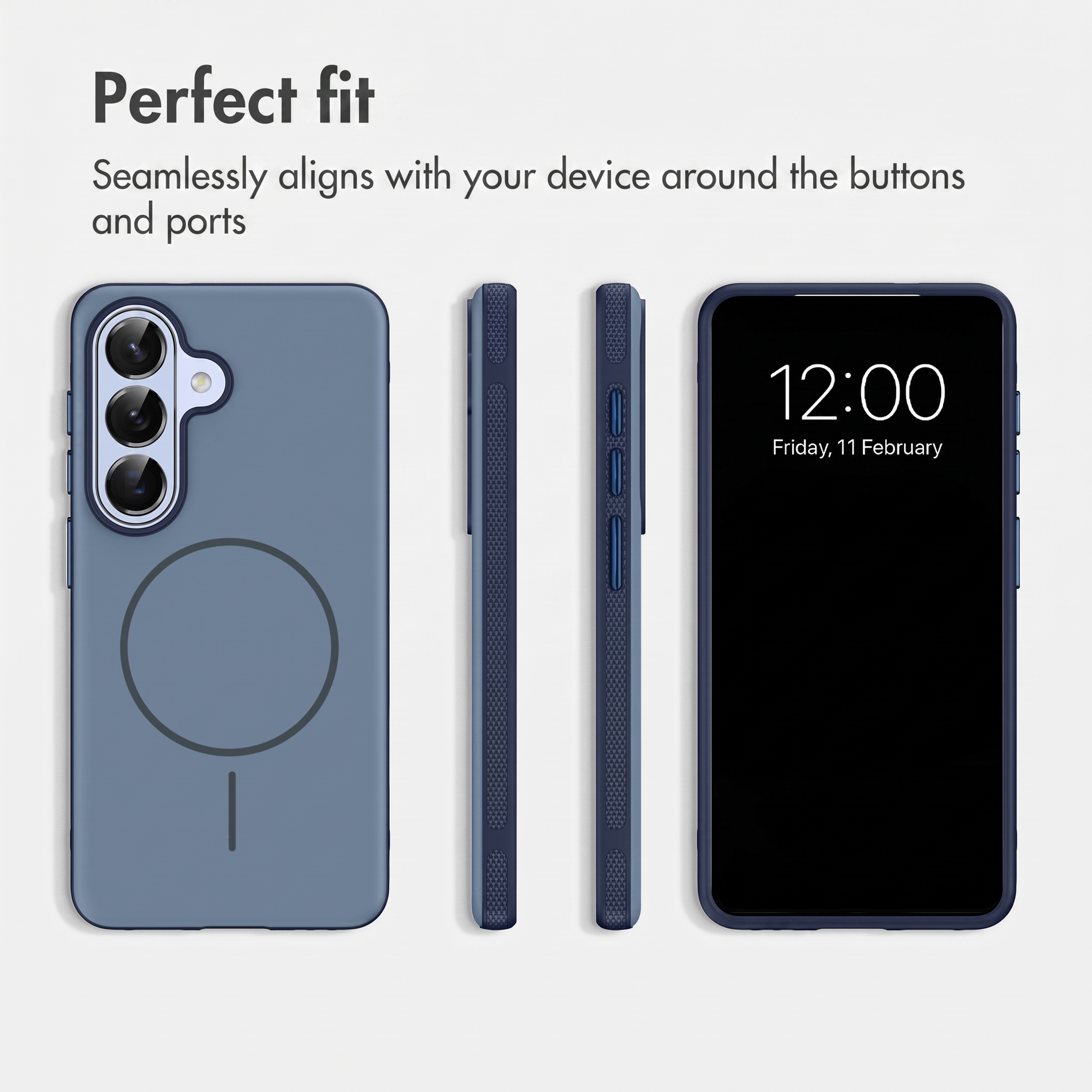 Drei Ansichten einer blauen Smartphone-Hülle auf weißem Hintergrund mit Text.