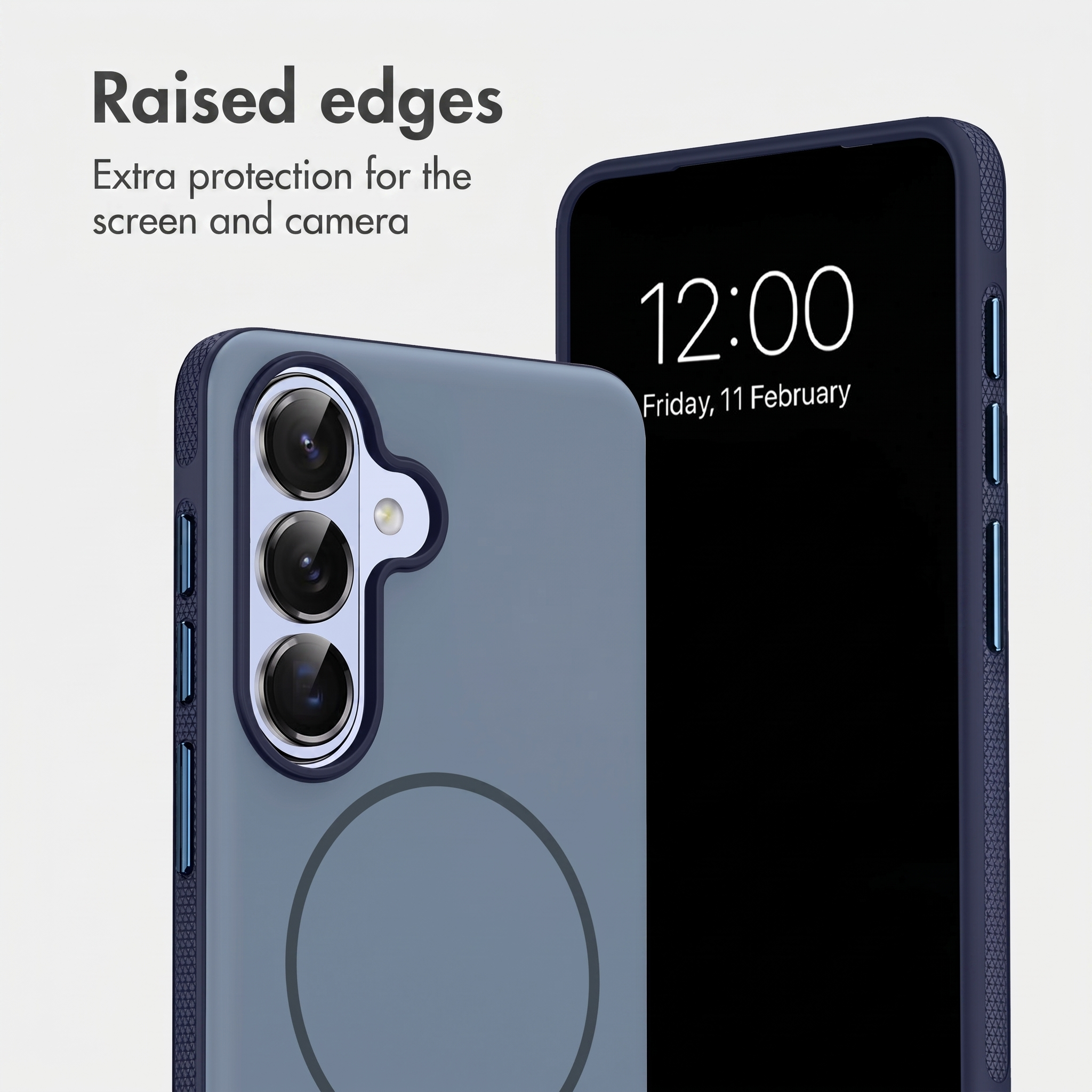 Blaue Smartphone-Hülle mit erhöhten Rändern für zusätzlichen Schutz von Kamera und Bildschirm.