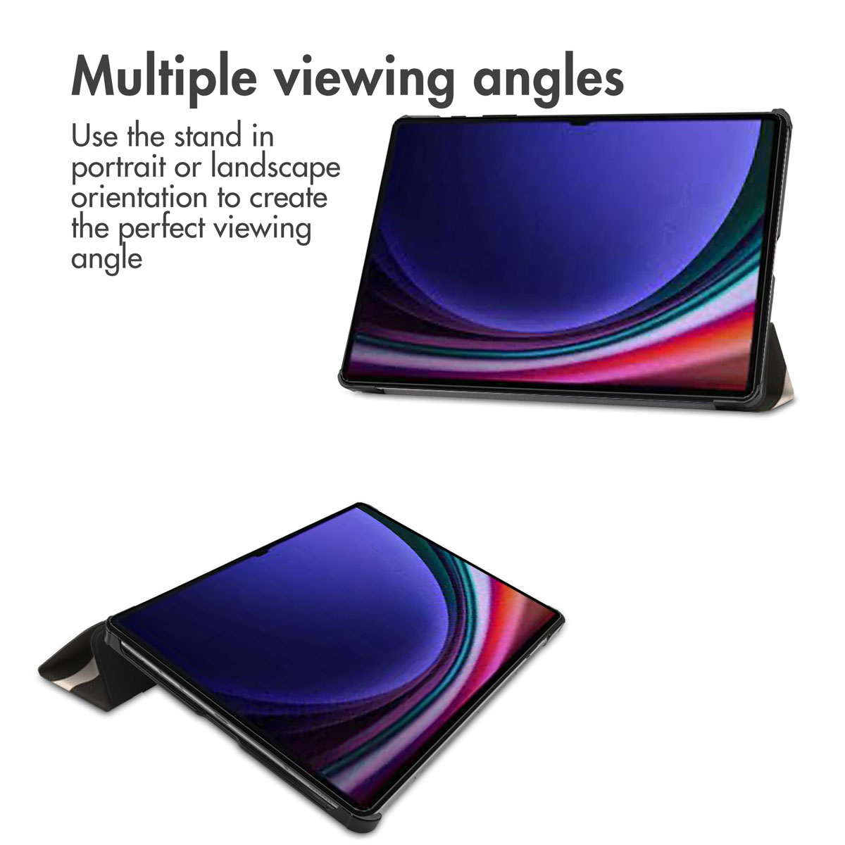 Een tablet in een zwarte hoes met standaard vanuit twee hoeken, met uitleg tekst links.